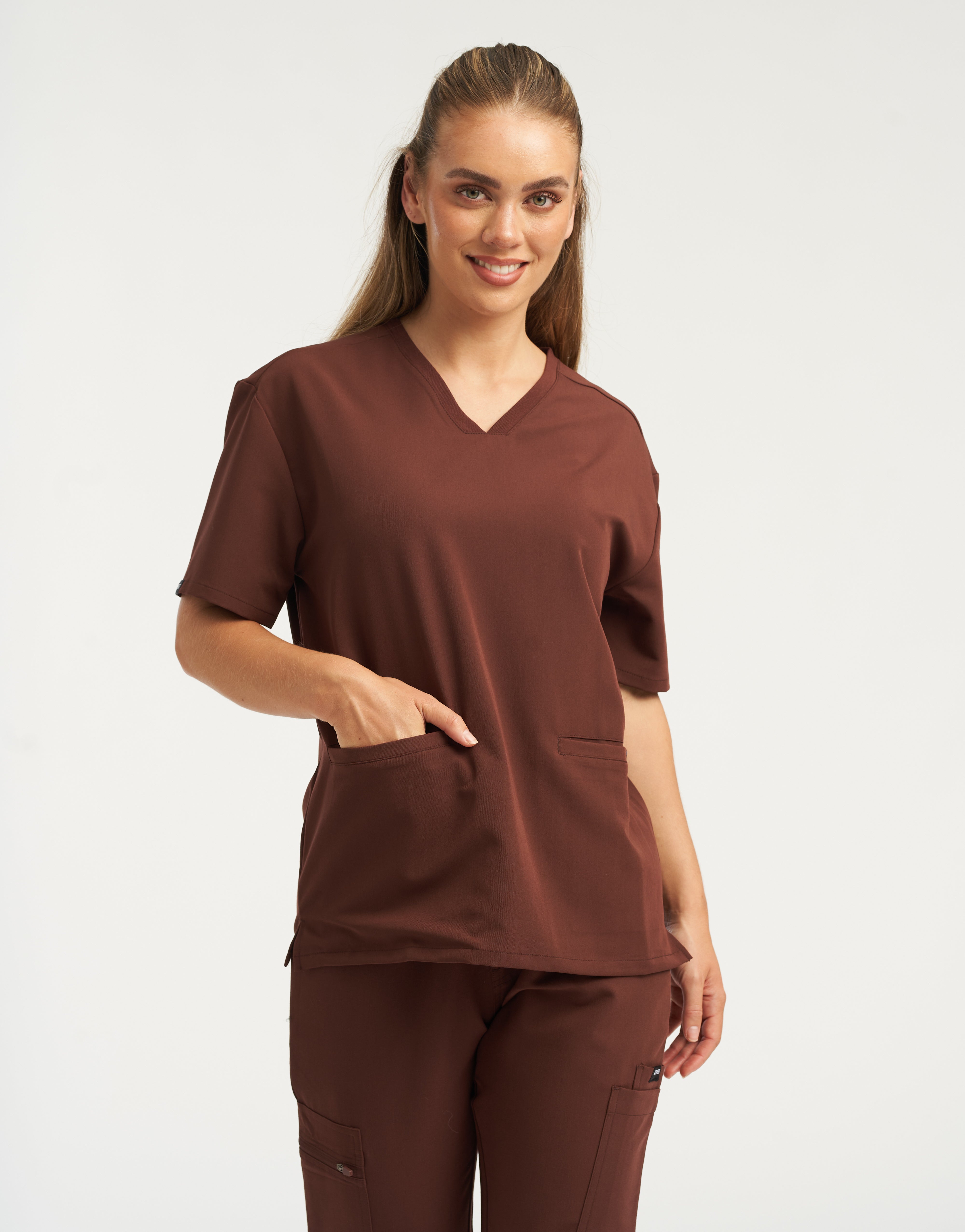 Essential V Neck Scrub Top - Cocoa