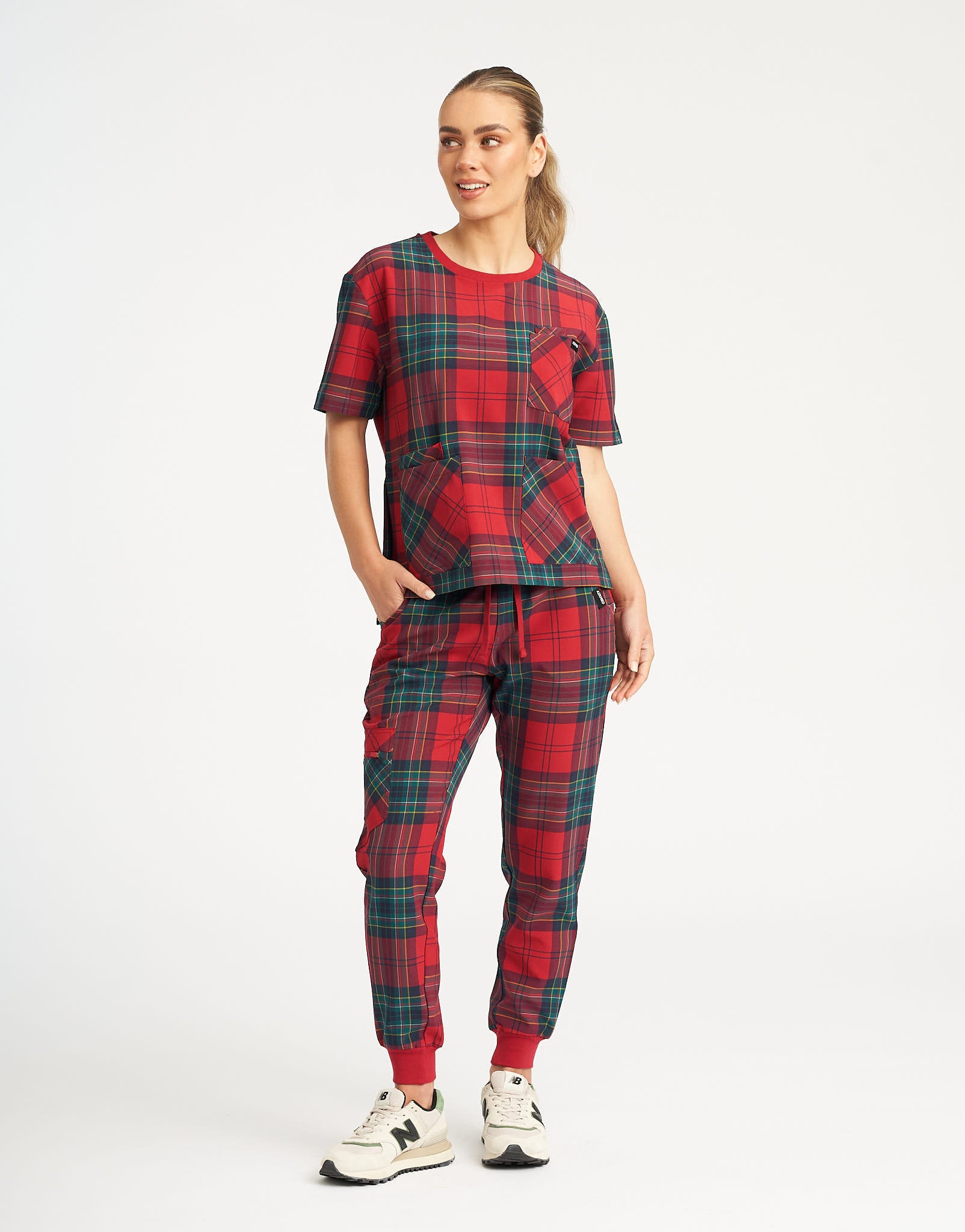 Essential Crewneck Scrub Top - Christmas Red Tartan