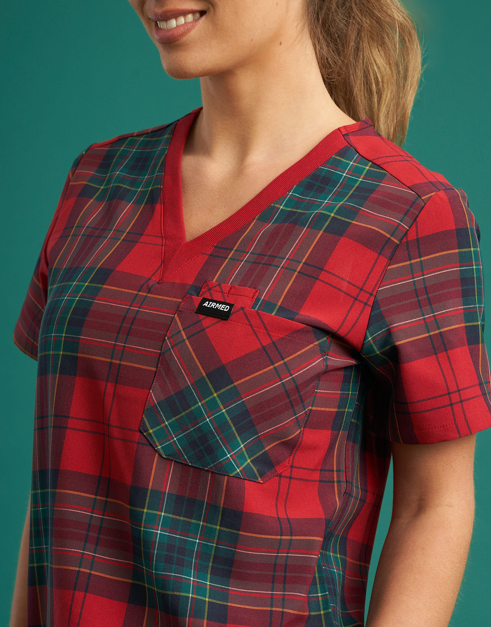 Essential One Pocket V Neck Scrub Top - Christmas Red Tartan