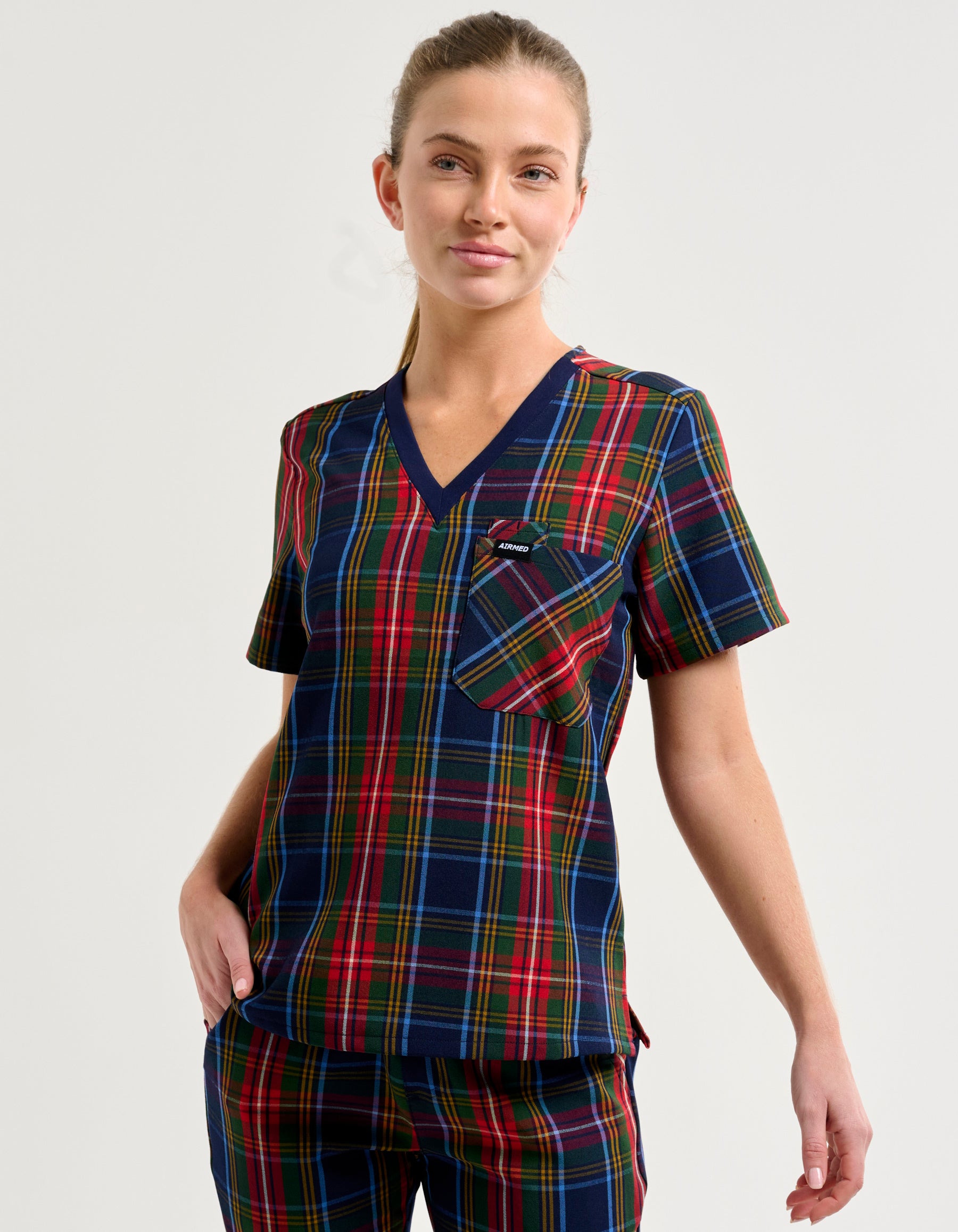 Essential One Pocket V Neck Scrub Top - Christmas Blue Tartan