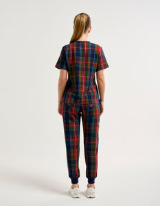 Essential One Pocket V Neck Scrub Top - Christmas Blue Tartan