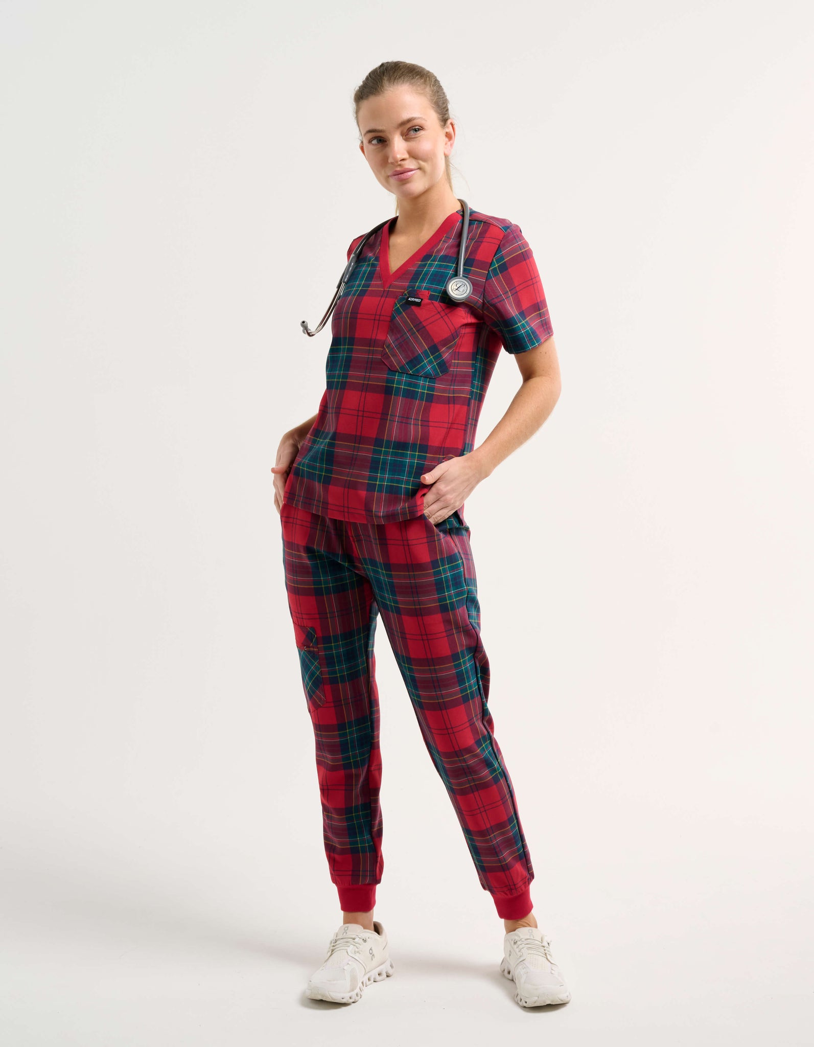 Essential One Pocket V Neck Scrub Top - Christmas Red Tartan