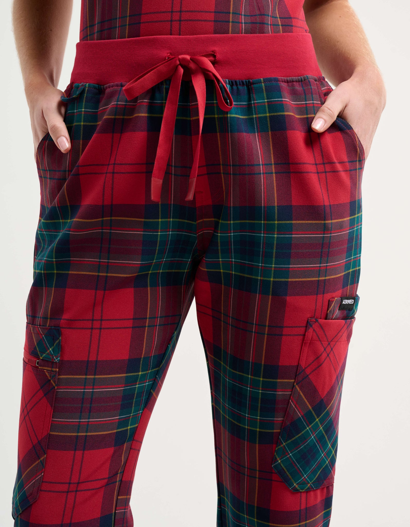 Essential Multi-Pocket Scrub Pants - Christmas Red Tartan