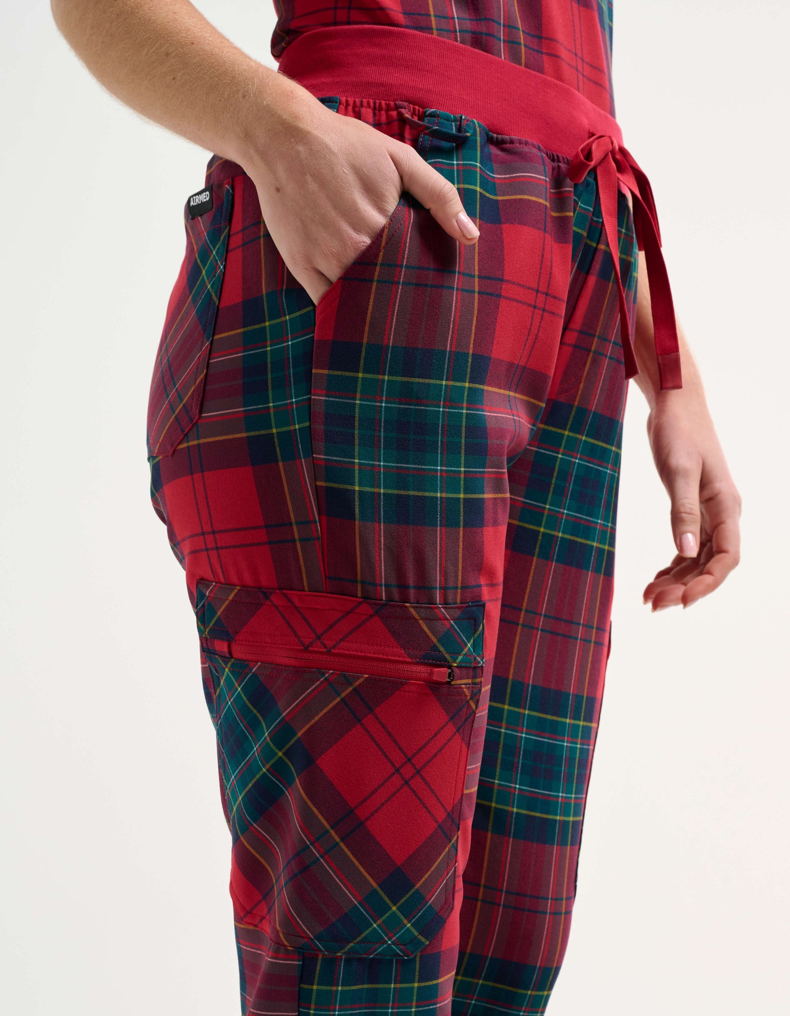 Essential Multi-Pocket Scrub Pants - Christmas Red Tartan