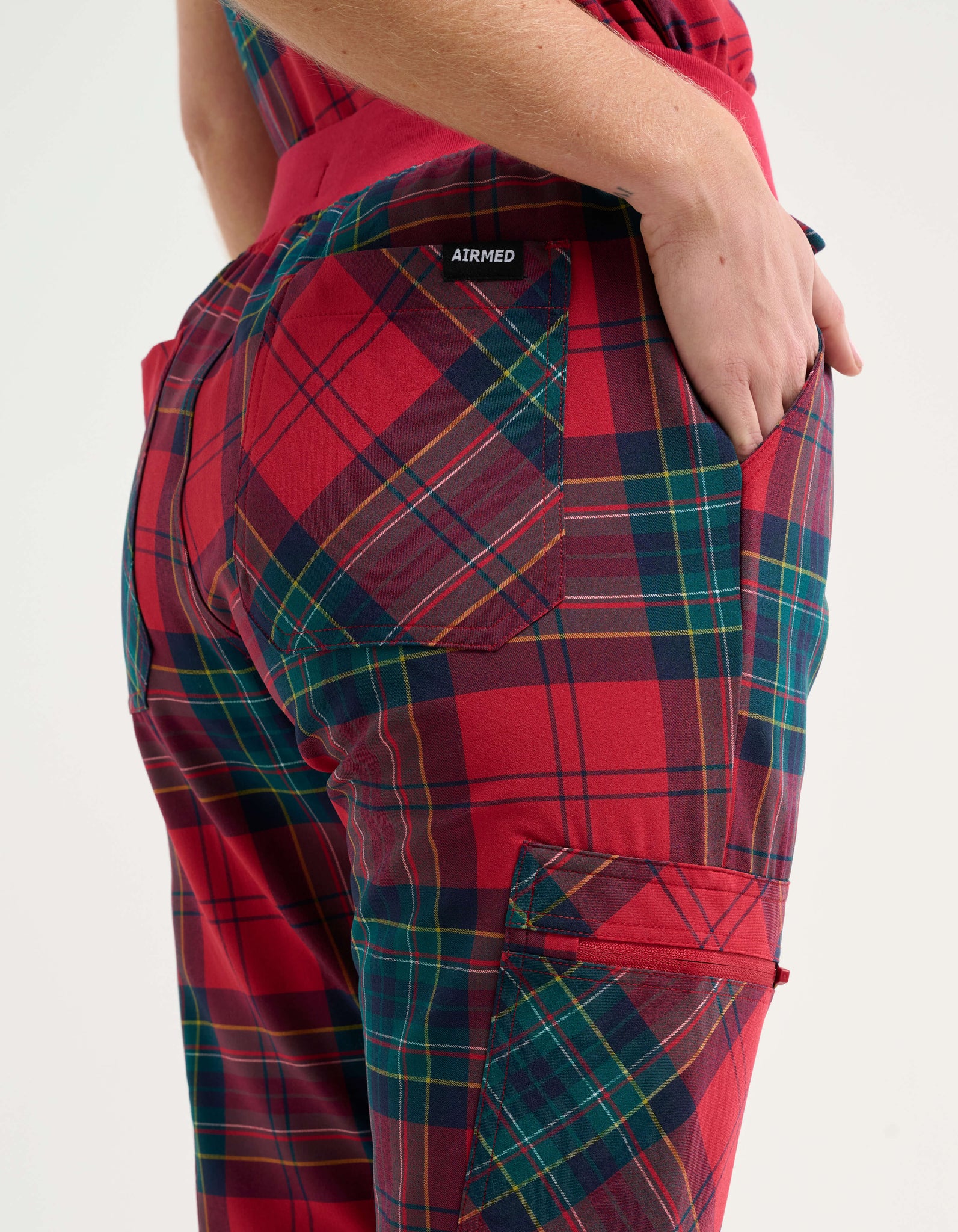 Essential Multi-Pocket Scrub Pants - Christmas Red Tartan