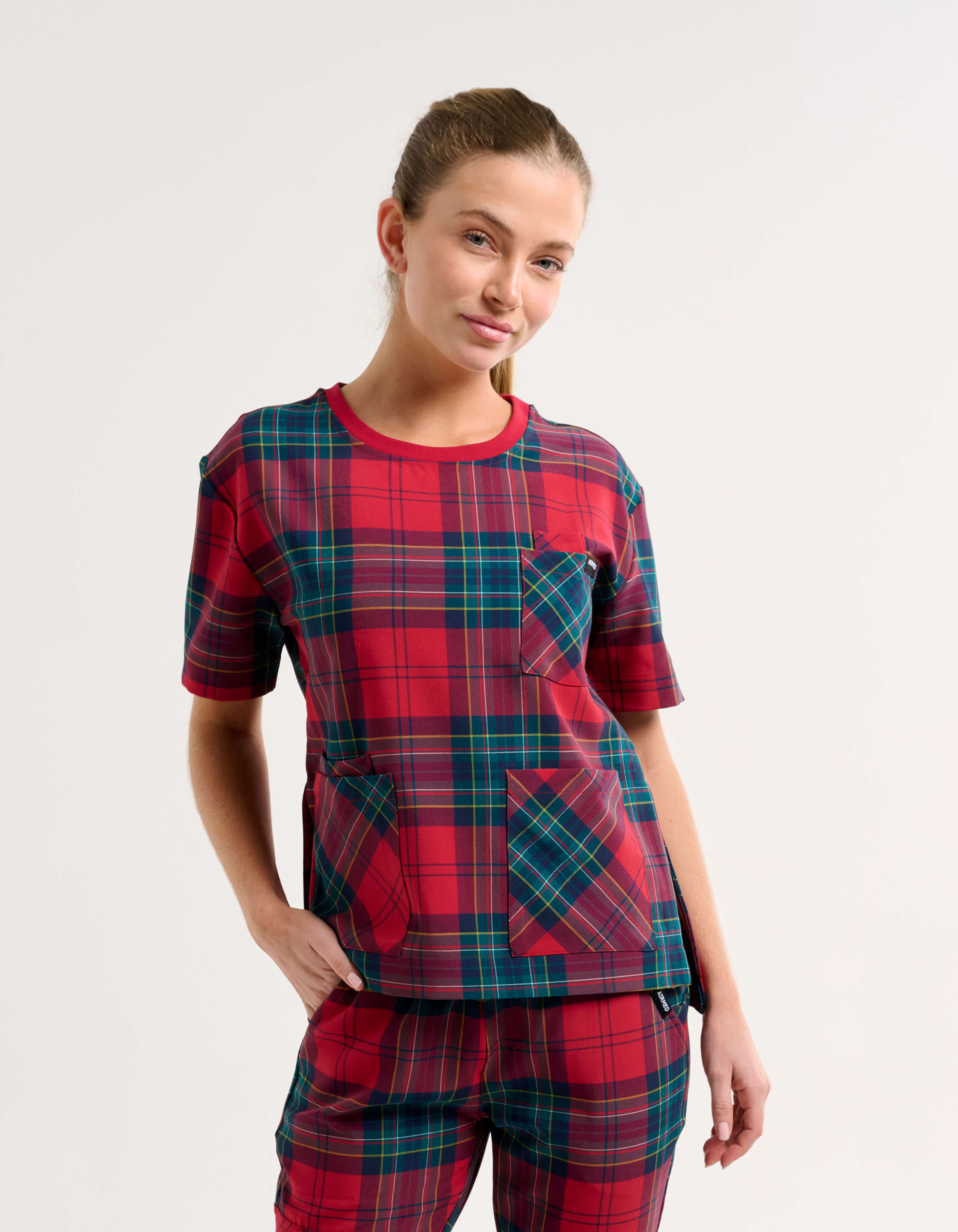 Essential Crewneck Scrub Top - Christmas Red Tartan