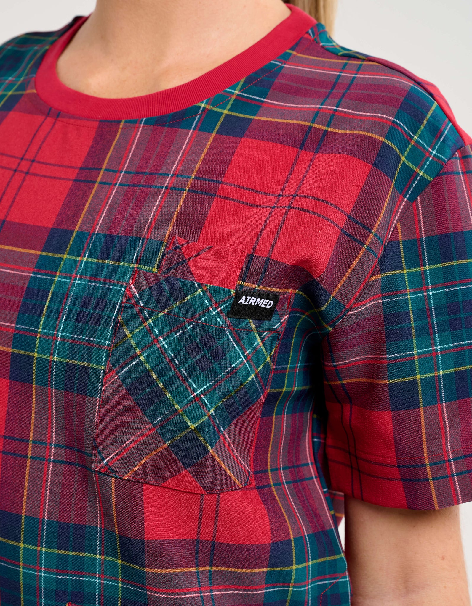 Essential Crewneck Scrub Top - Christmas Red Tartan