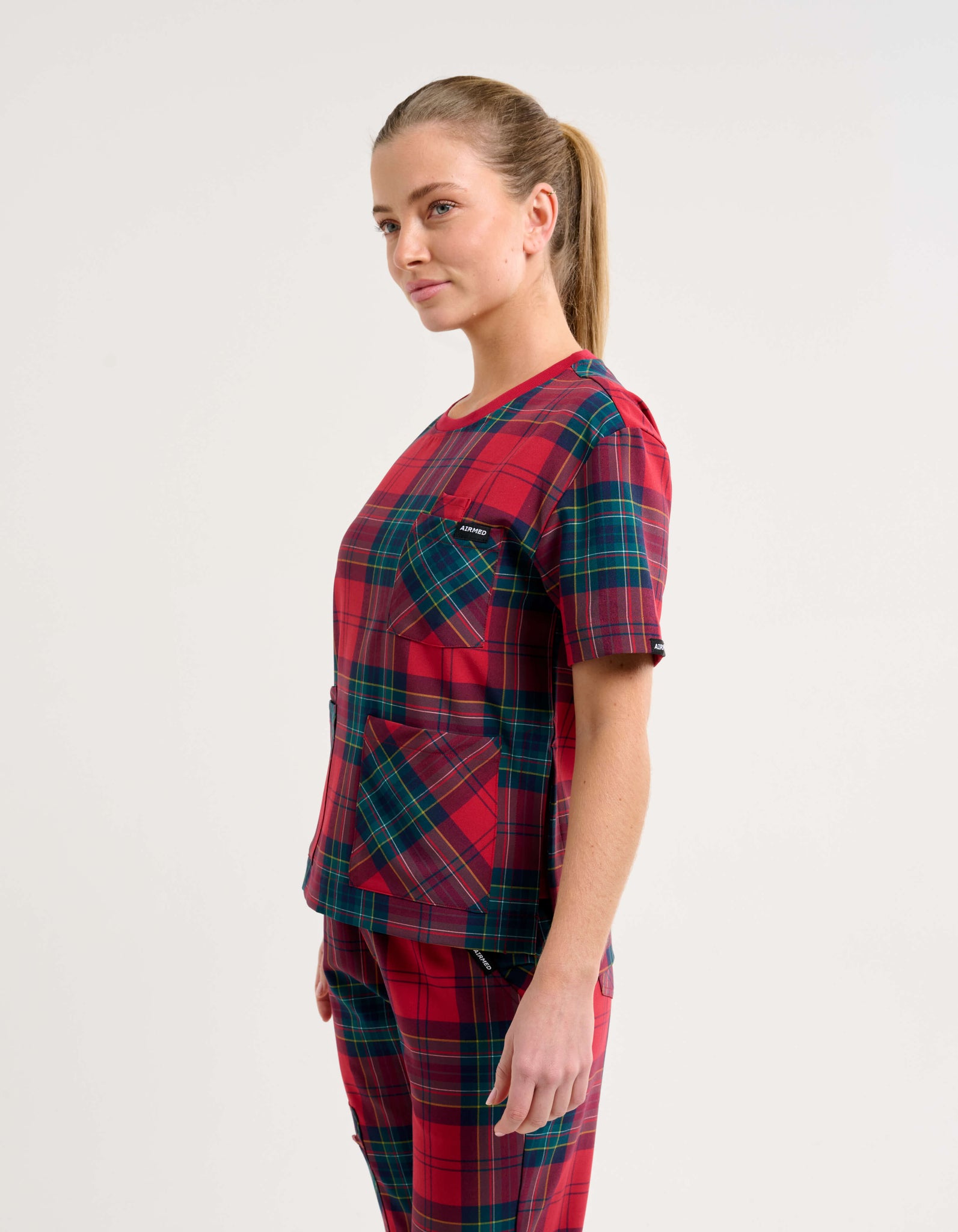 Essential Crewneck Scrub Top - Christmas Red Tartan