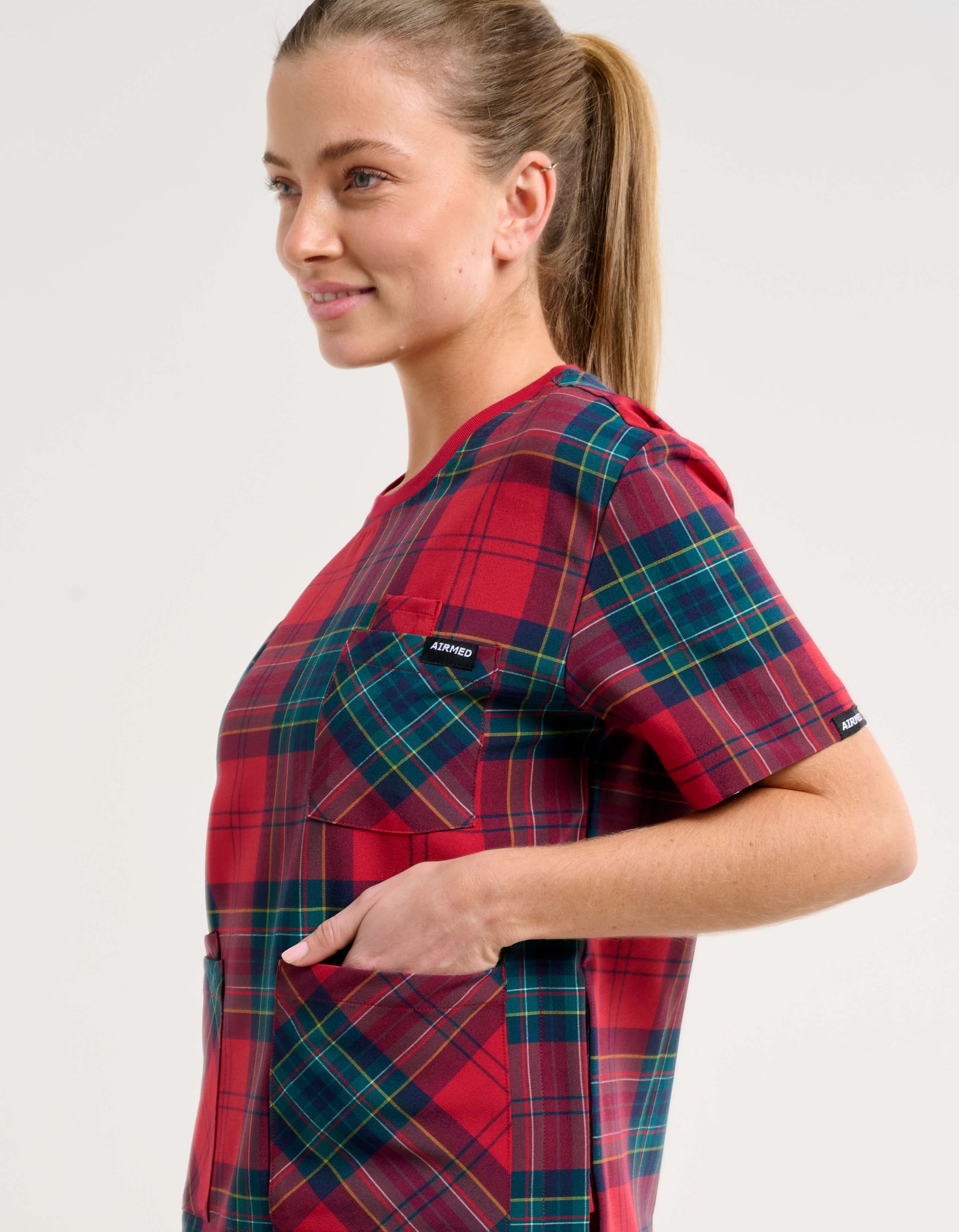 Essential Crewneck Scrub Top - Christmas Red Tartan