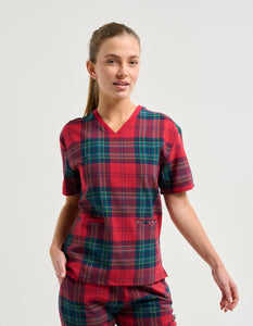 Essential V Neck Scrub Top - Christmas Red Tartan