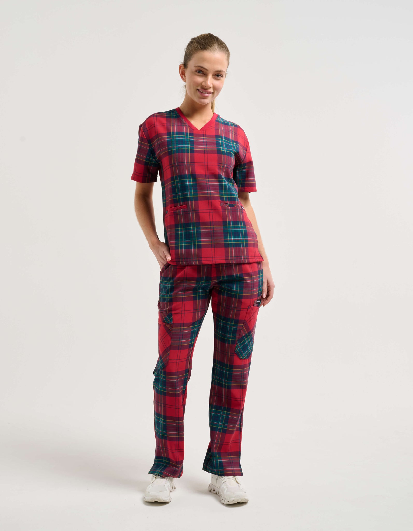 Essential Multi-Pocket Scrub Pants - Christmas Red Tartan