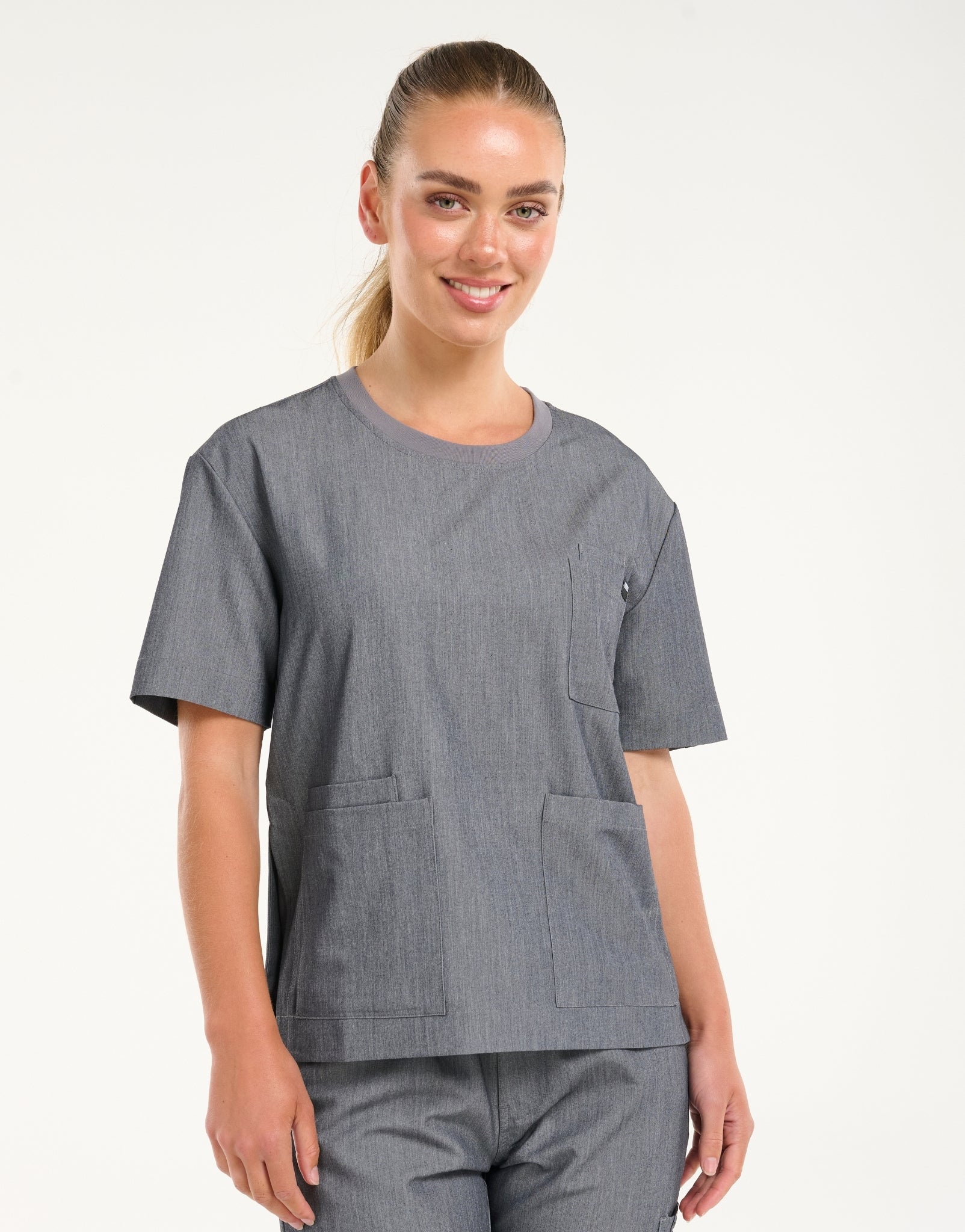 Essential Crewneck Scrub Top - Heather Grey