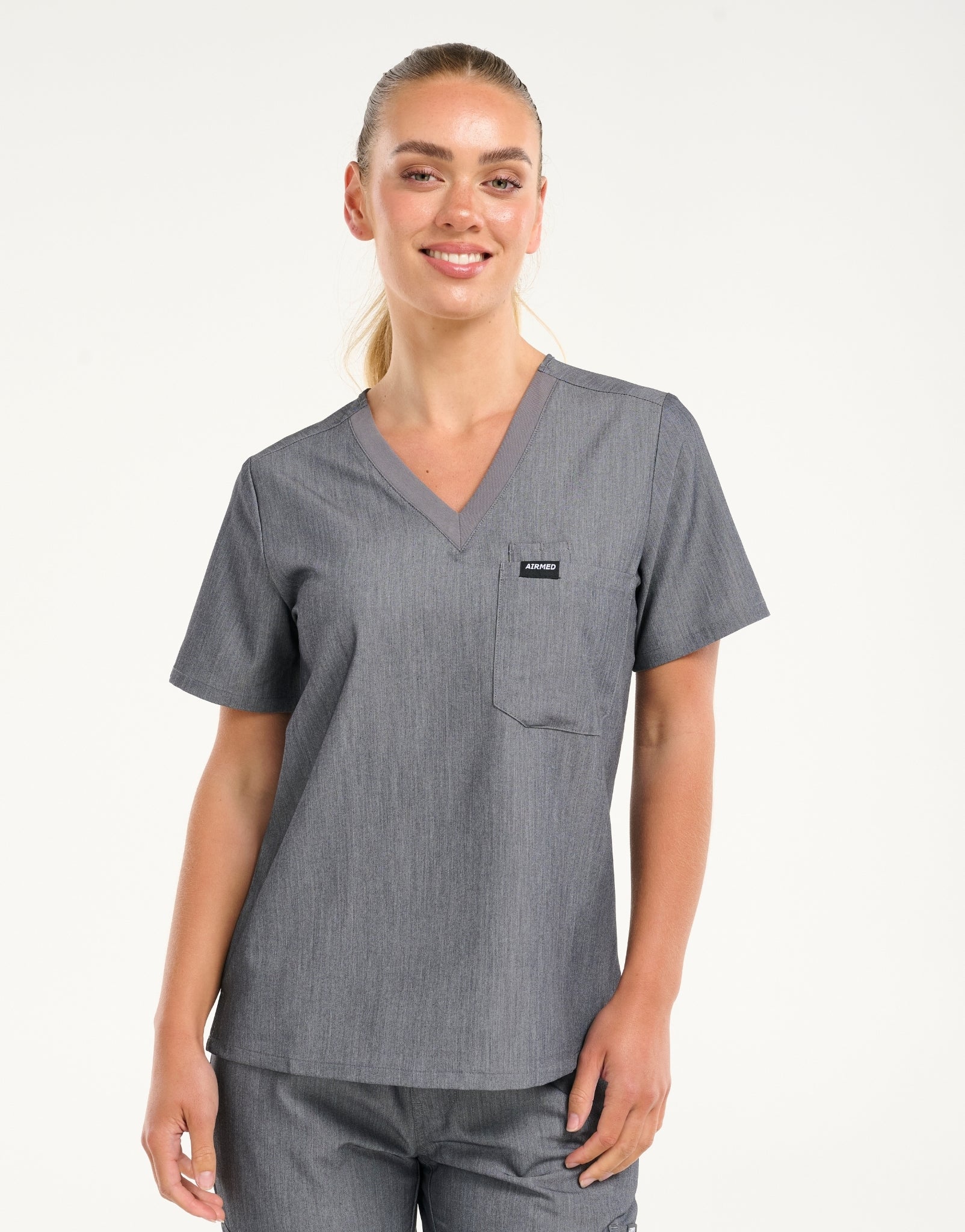 Essential One Pocket V Neck Scrub Top - Heather Grey