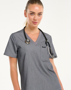 Essential One Pocket V Neck Scrub Top - Heather Grey