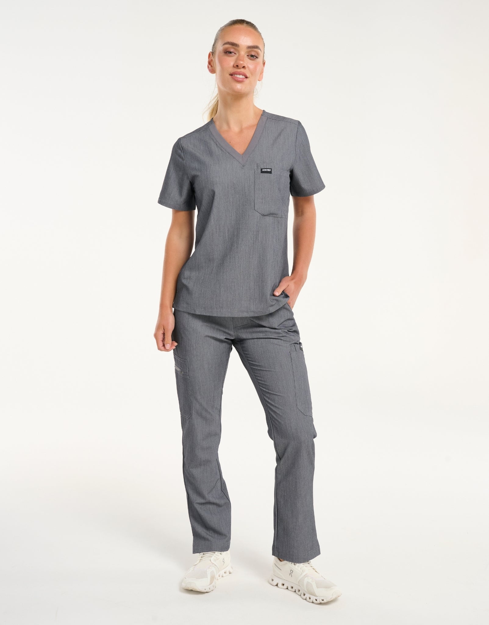 Essential One Pocket V Neck Scrub Top - Heather Grey