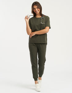 Essential Crewneck Scrub Top - Khaki Green