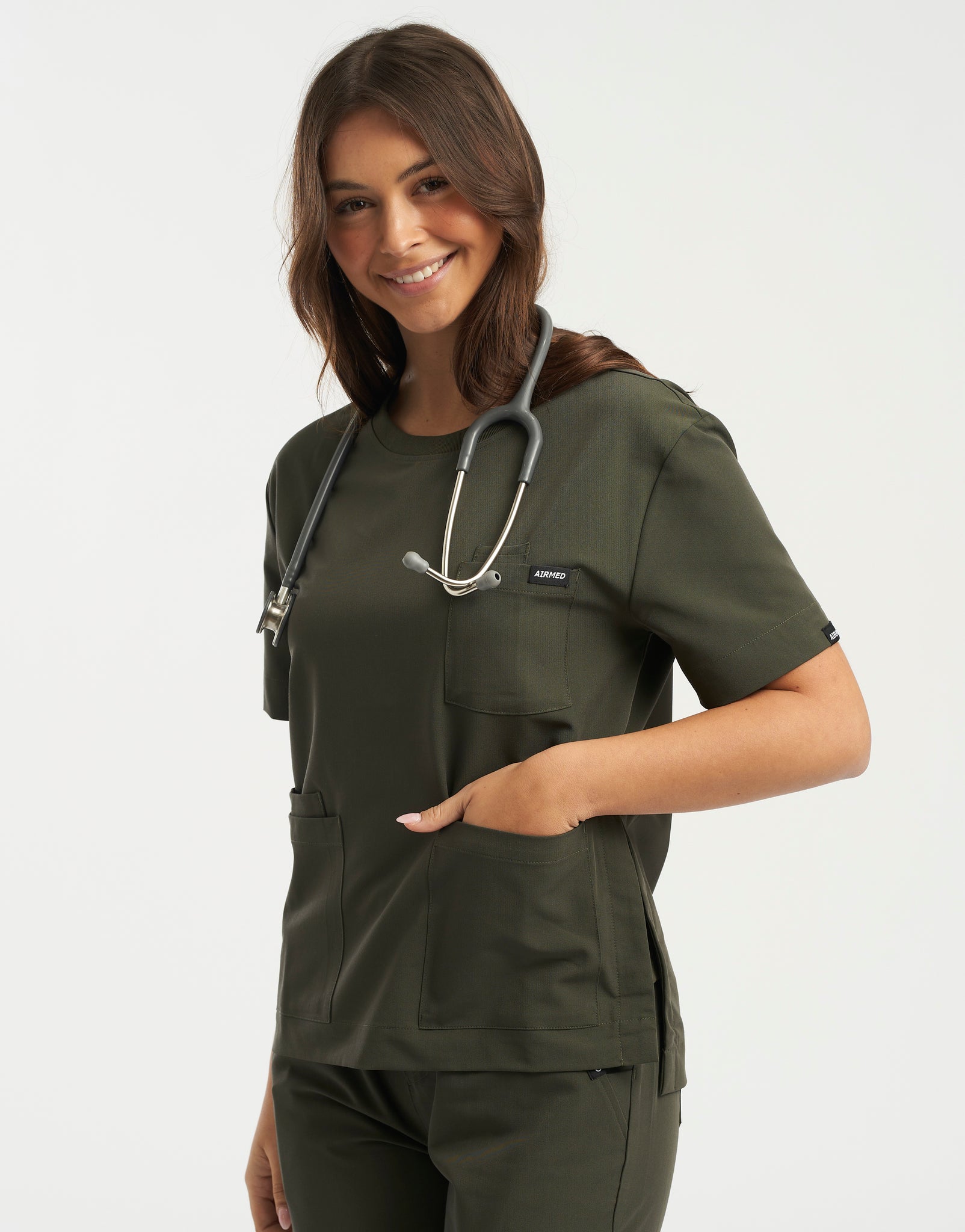 Essential Crewneck Scrub Top - Khaki Green