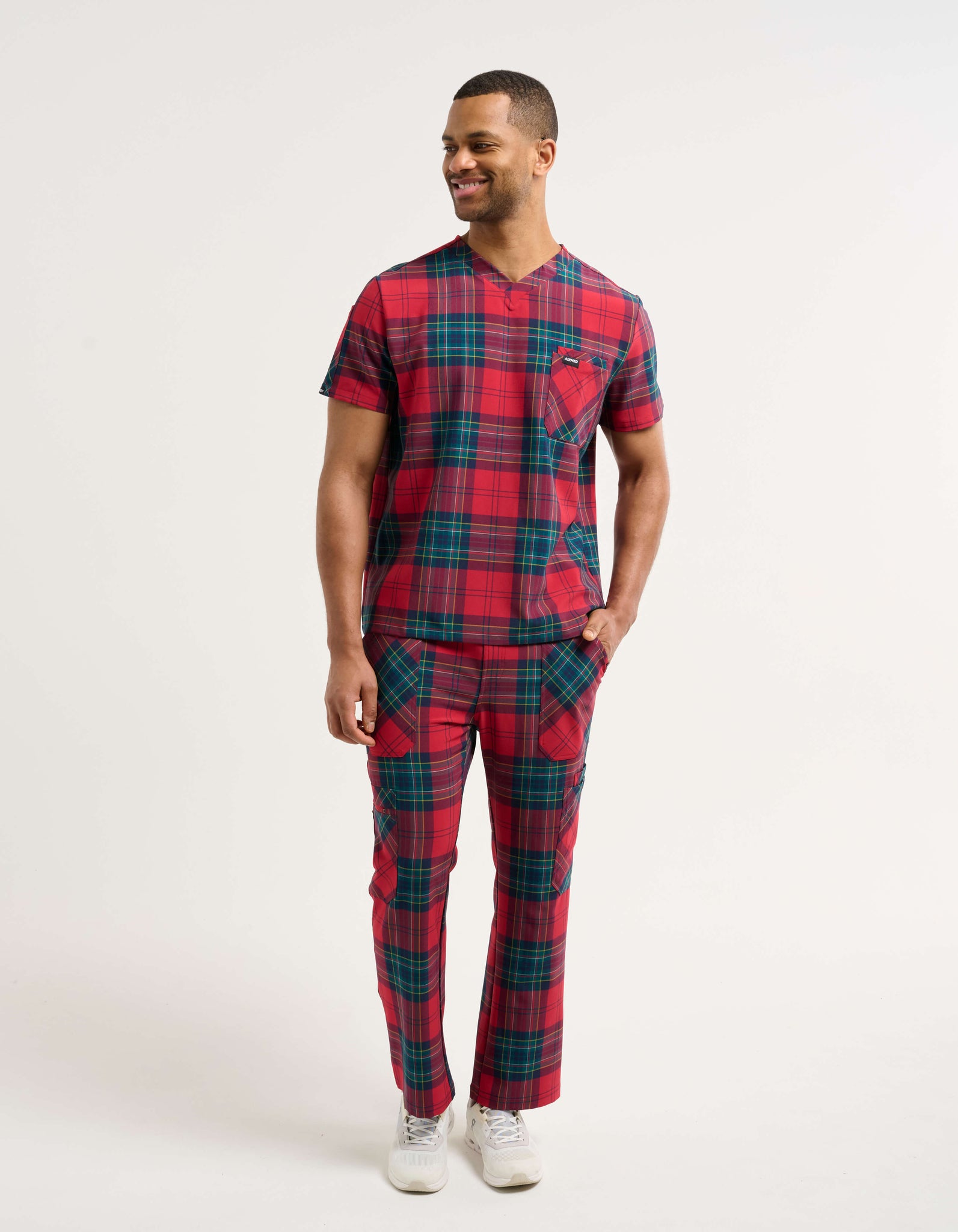 Essential V Neck Scrub Top - Christmas Red Tartan
