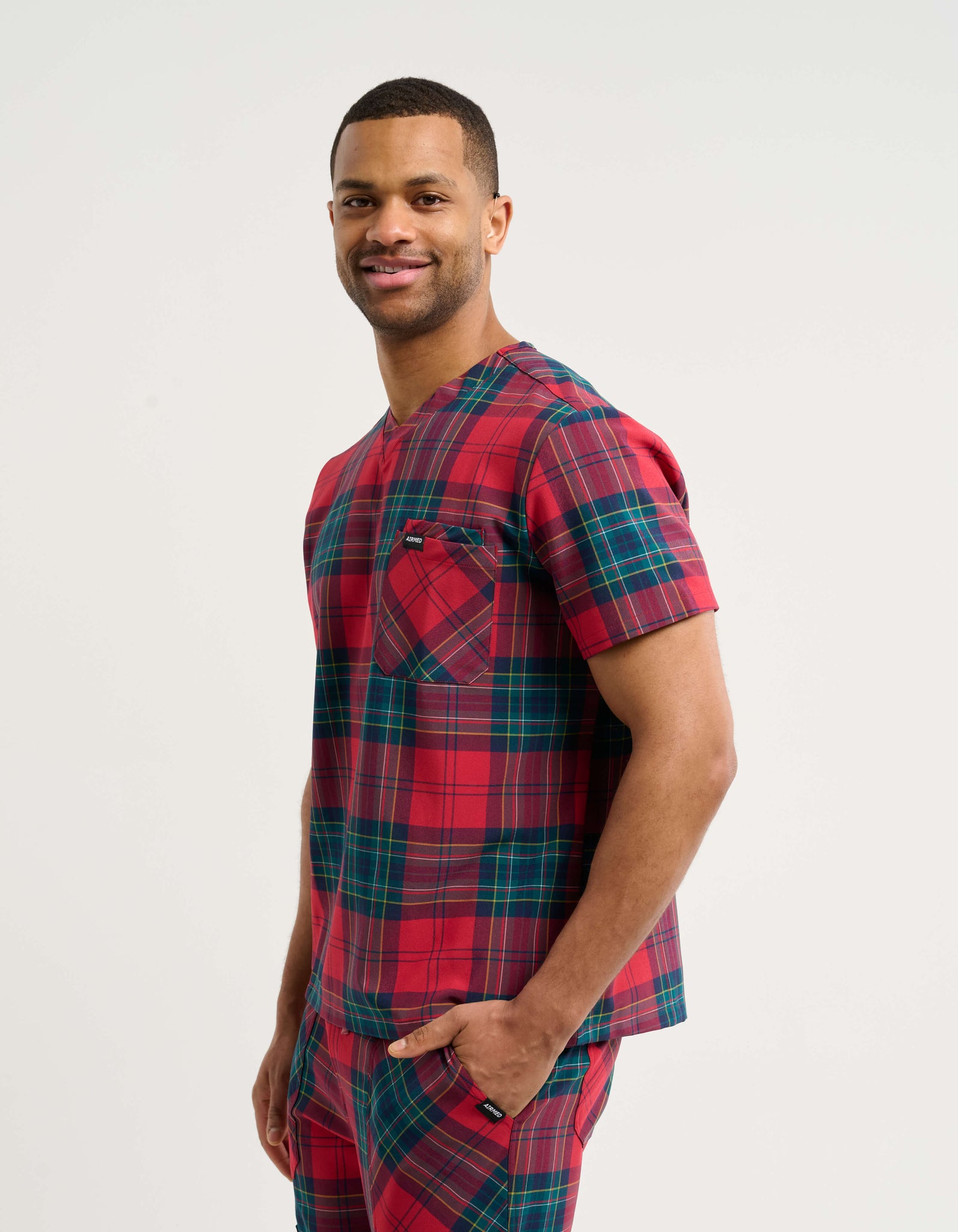 Essential V Neck Scrub Top - Christmas Red Tartan