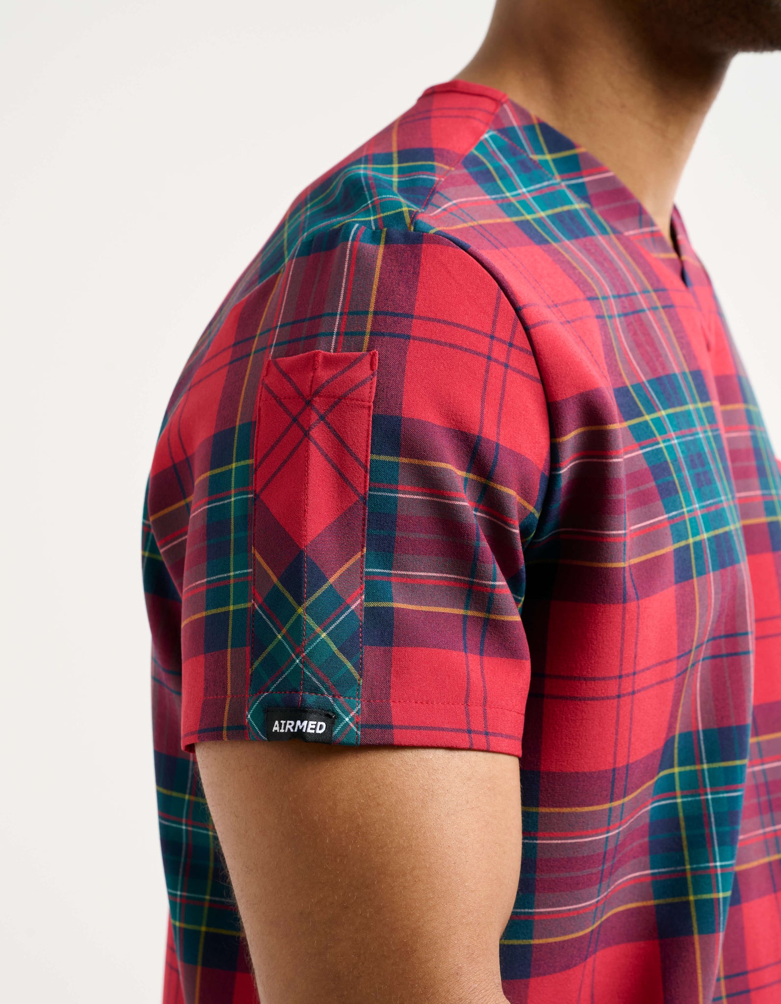 Essential V Neck Scrub Top - Christmas Red Tartan