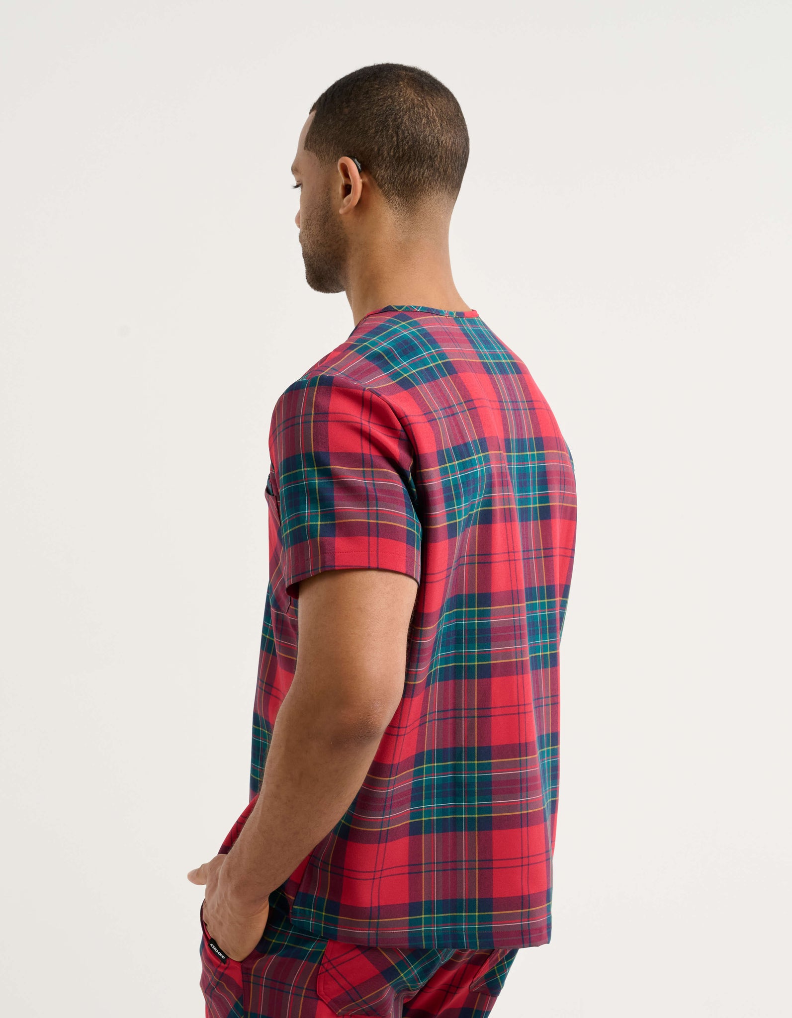 Essential V Neck Scrub Top - Christmas Red Tartan