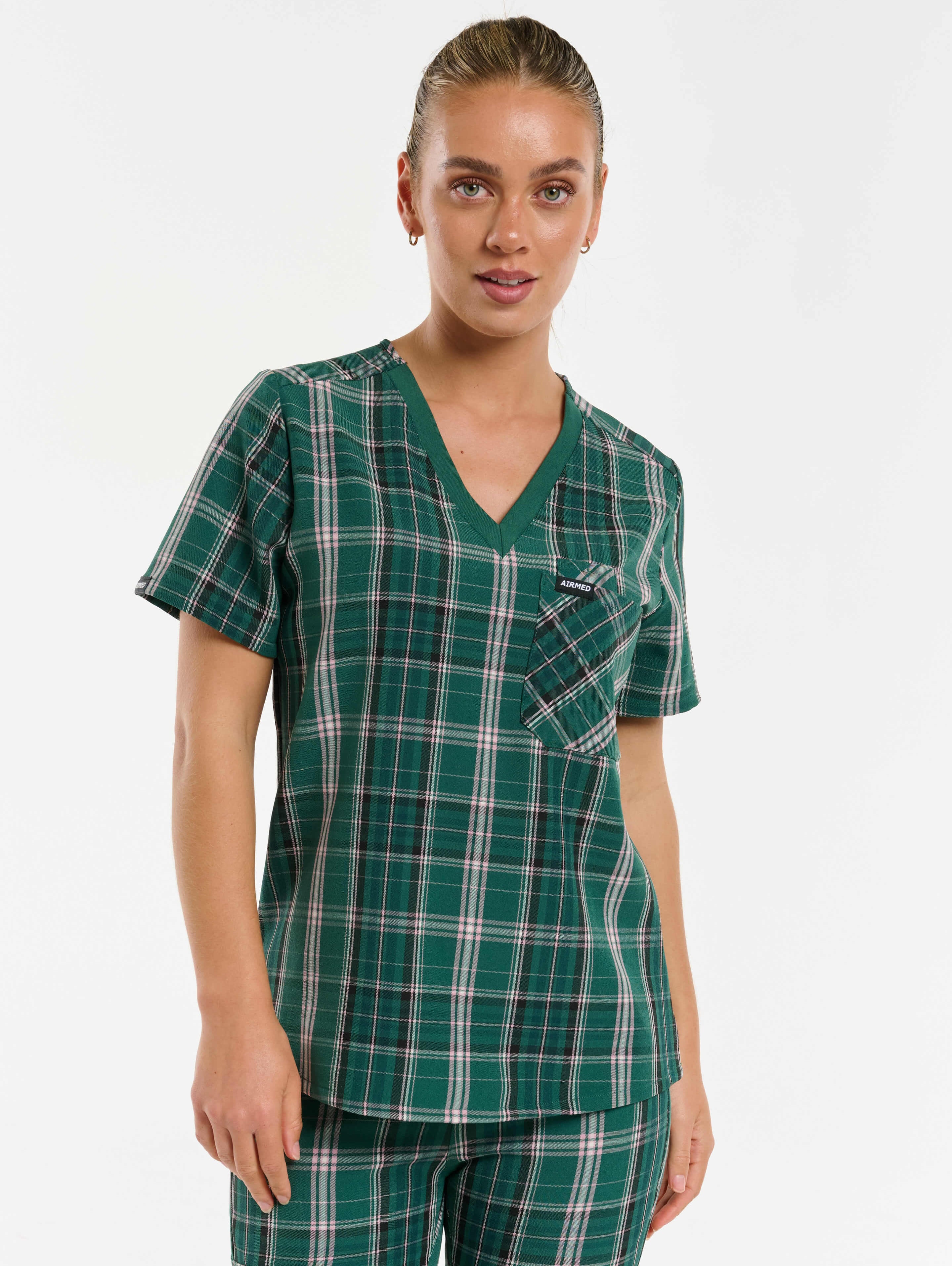 Essential One Pocket V Neck Scrub Top - Pink & Green Tartan
