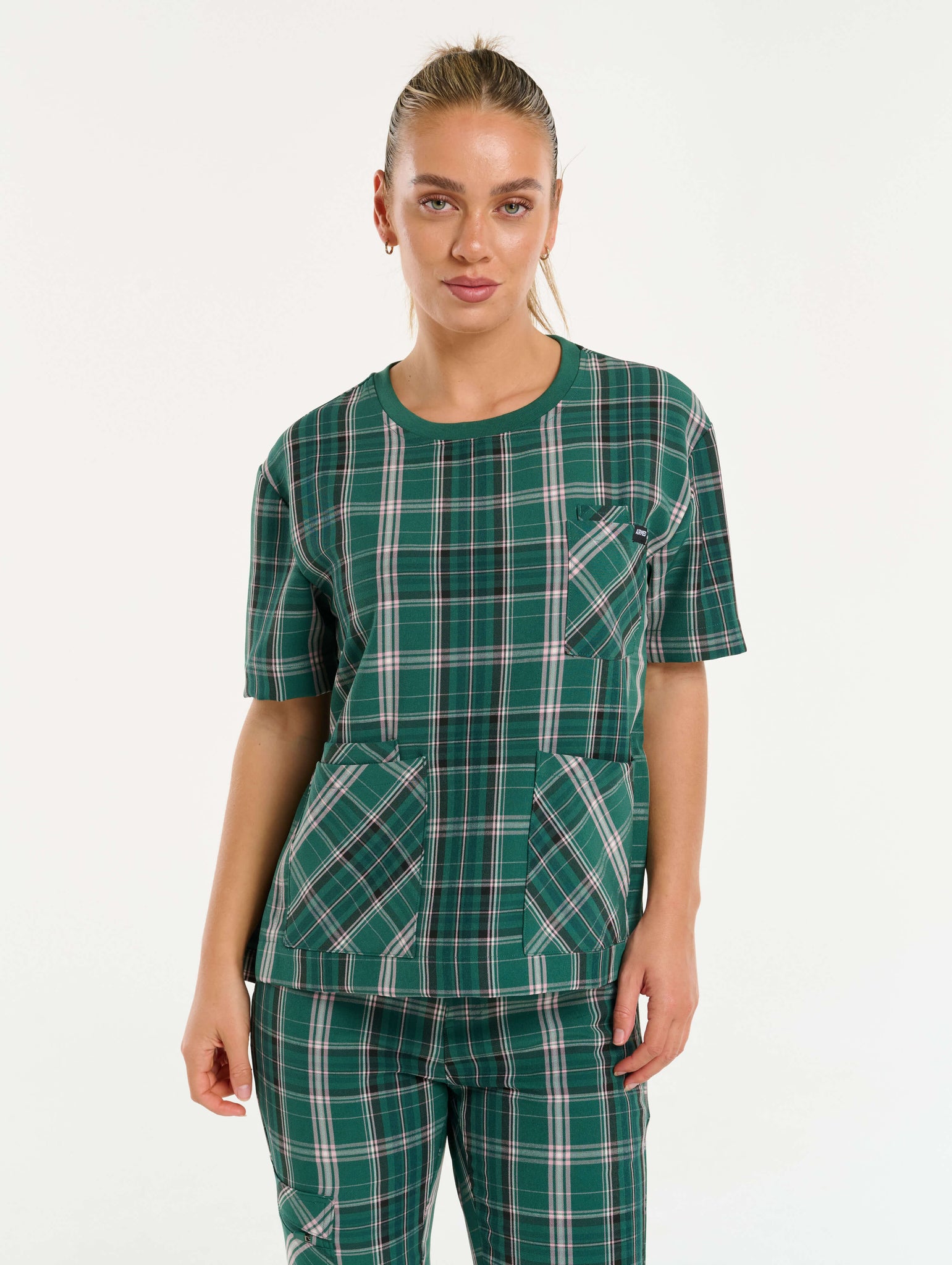 Essential Crewneck Scrub Top - Pink & Green Tartan