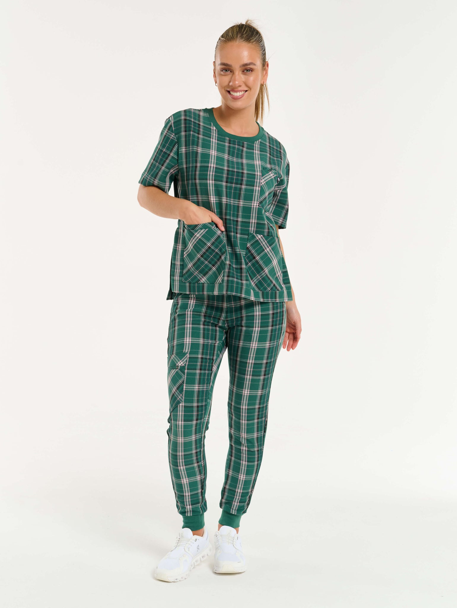 Essential Crewneck Scrub Top - Pink & Green Tartan