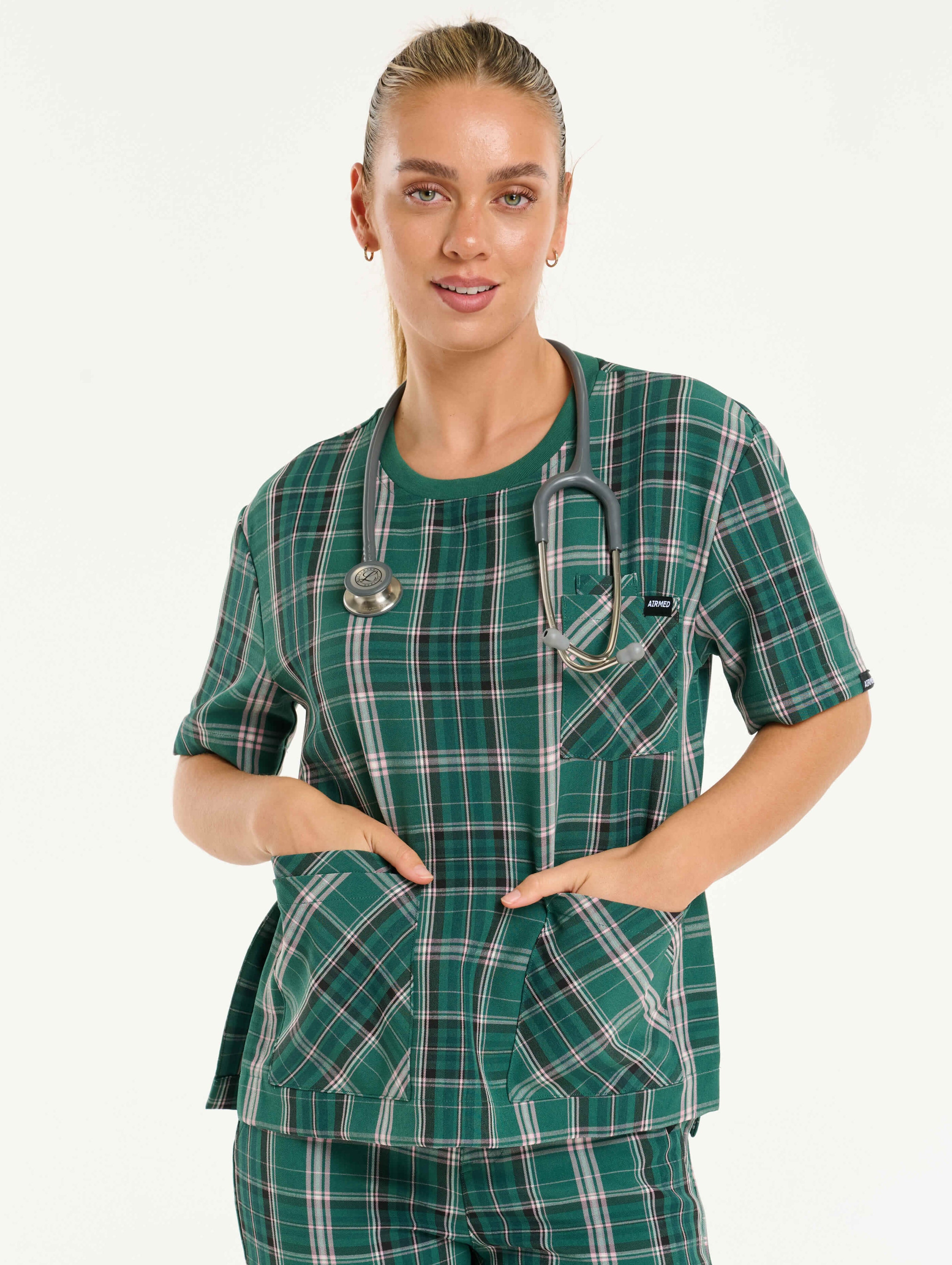 Essential Crewneck Scrub Top - Pink & Green Tartan