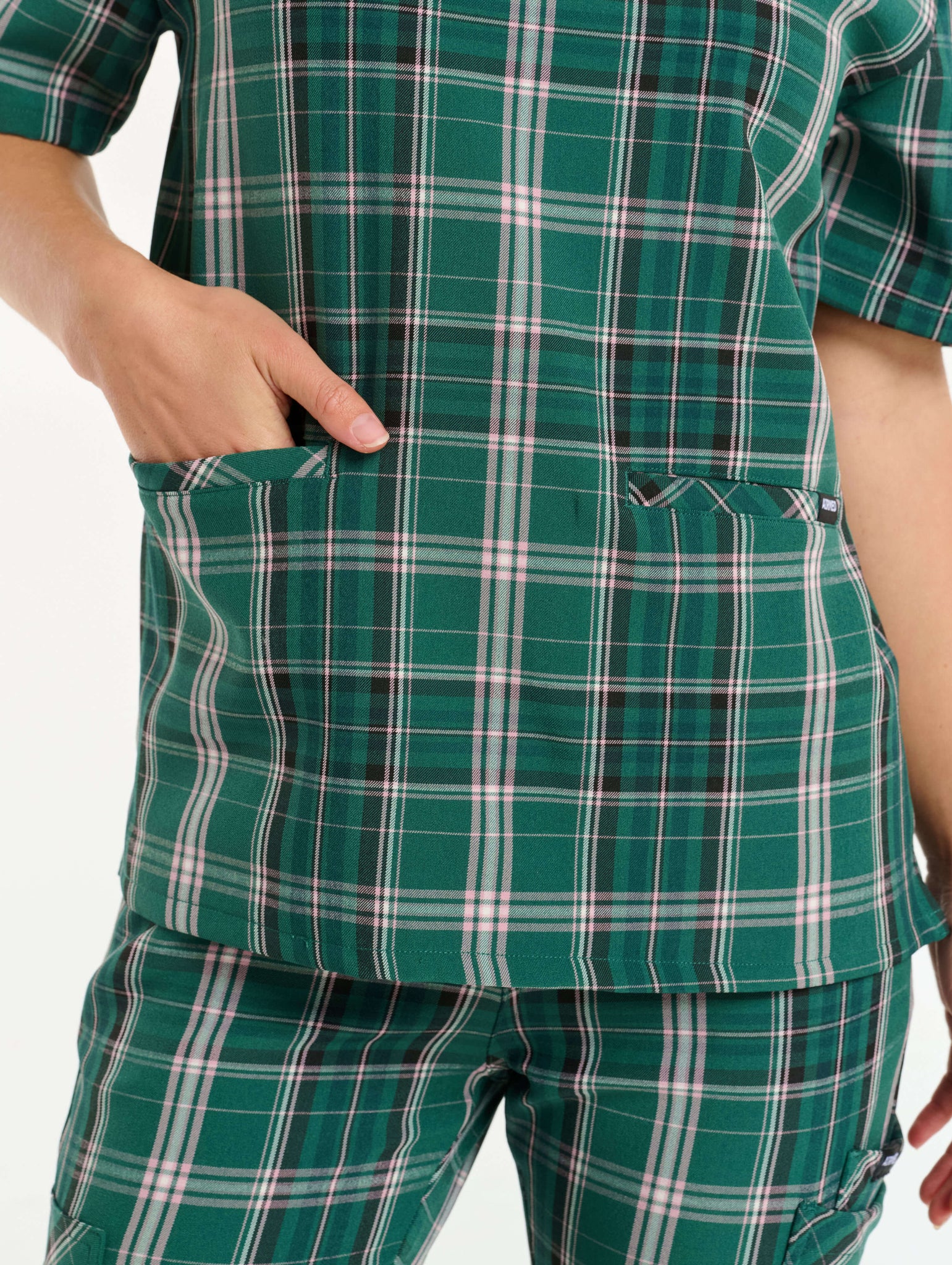 Essential V Neck Scrub Top - Pink & Green Tartan