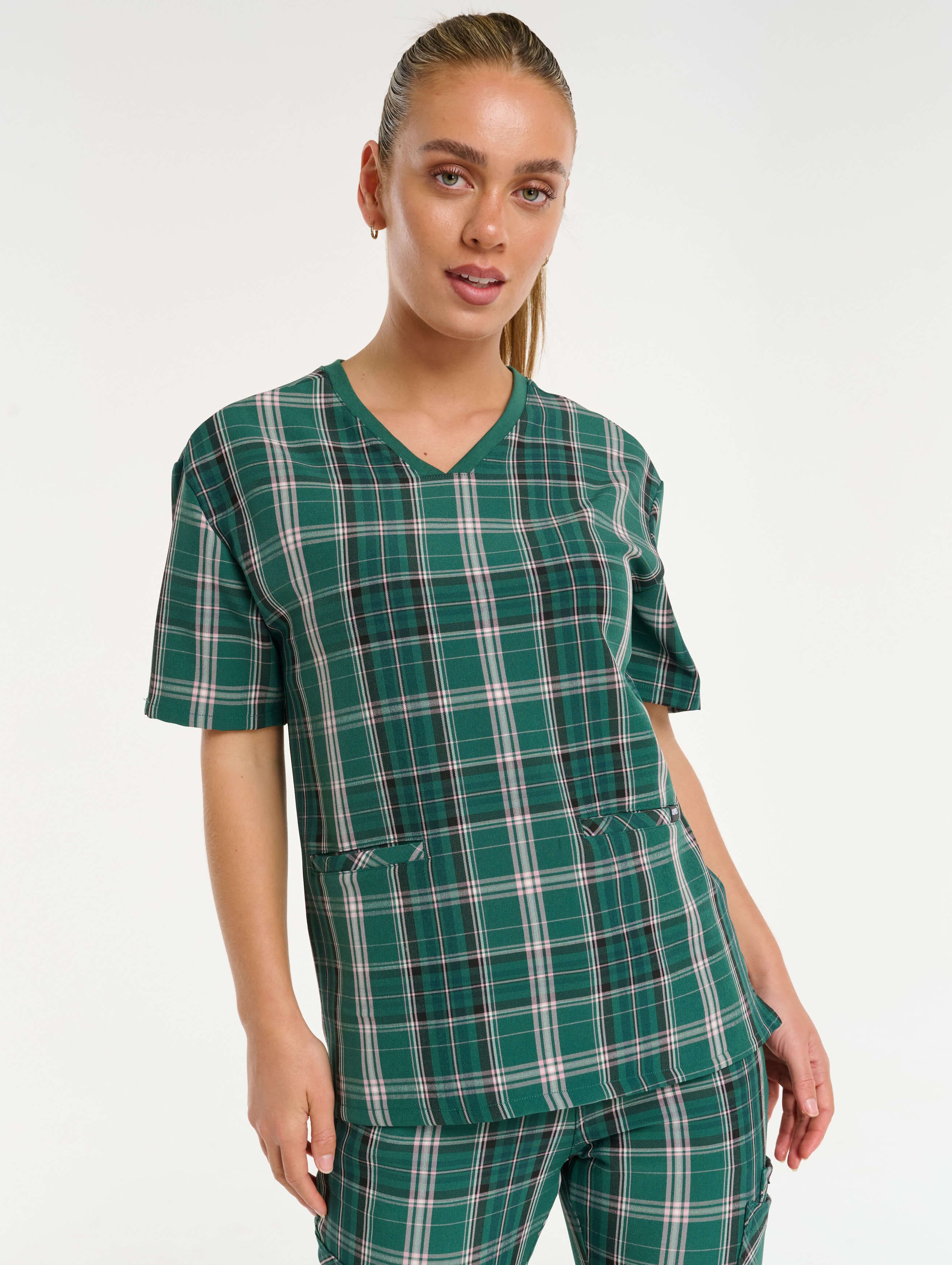 Essential V Neck Scrub Top - Pink & Green Tartan