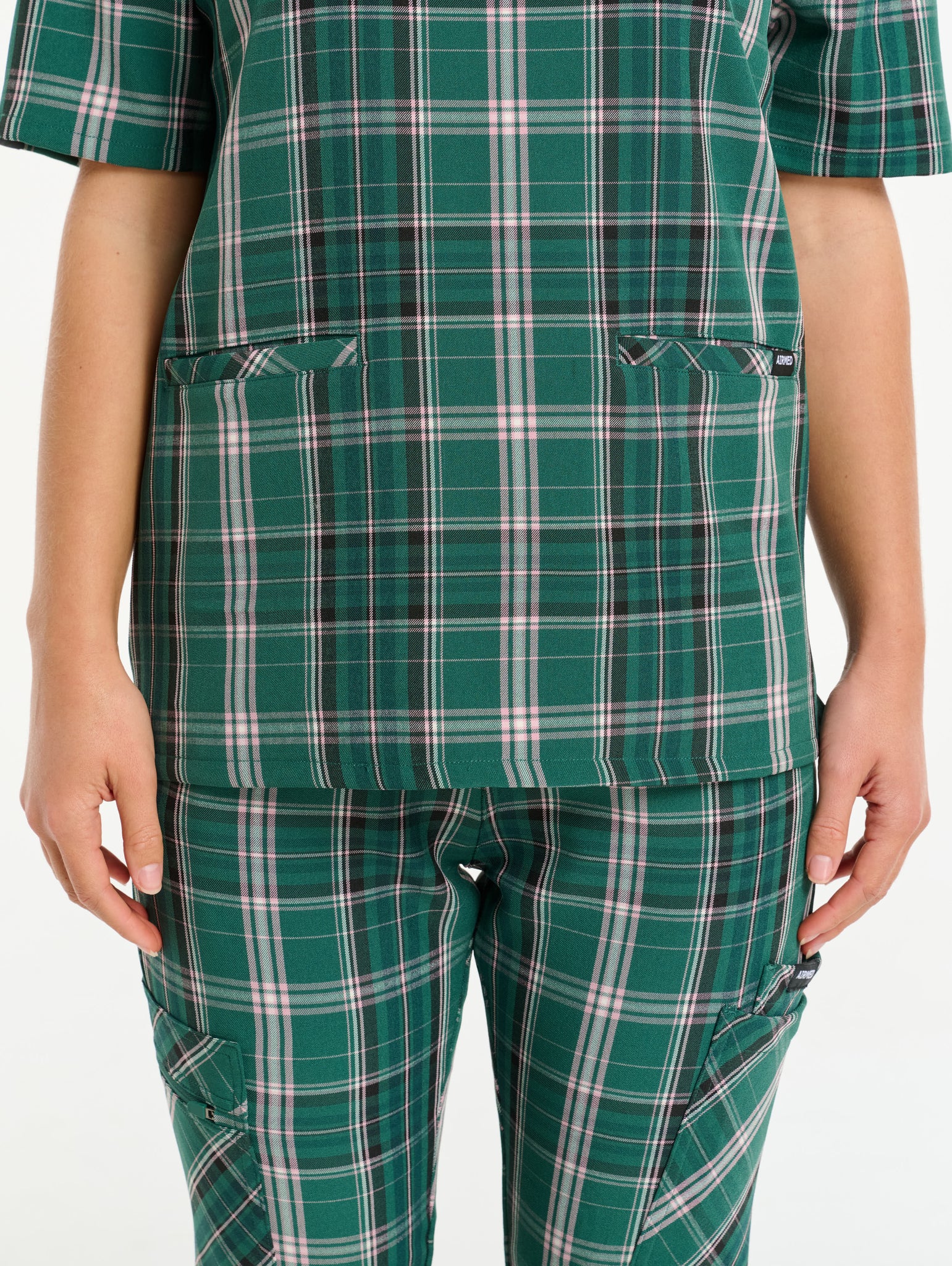 Essential V Neck Scrub Top - Pink & Green Tartan