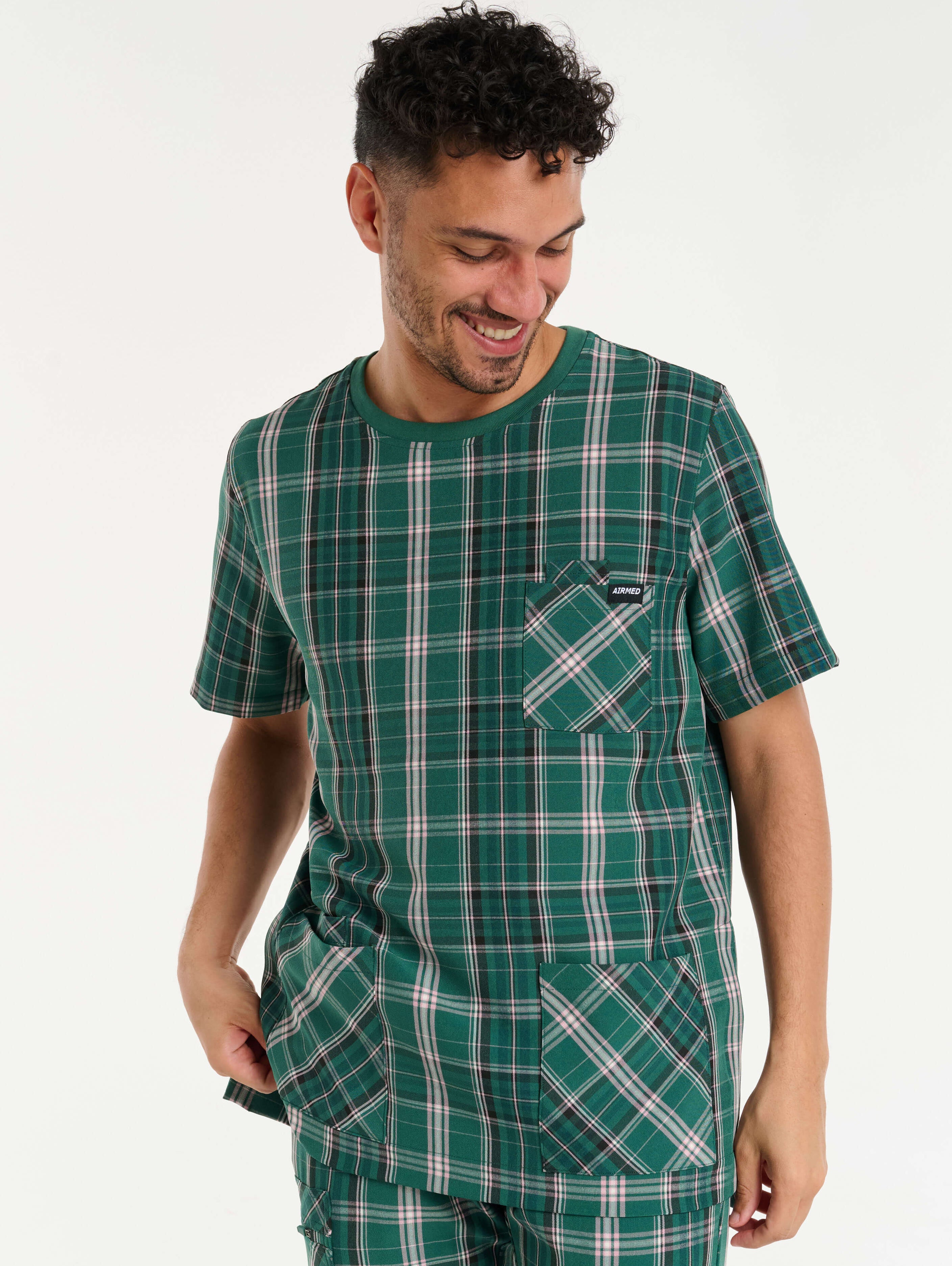 Essential Crewneck Scrub Top - Pink & Green Tartan