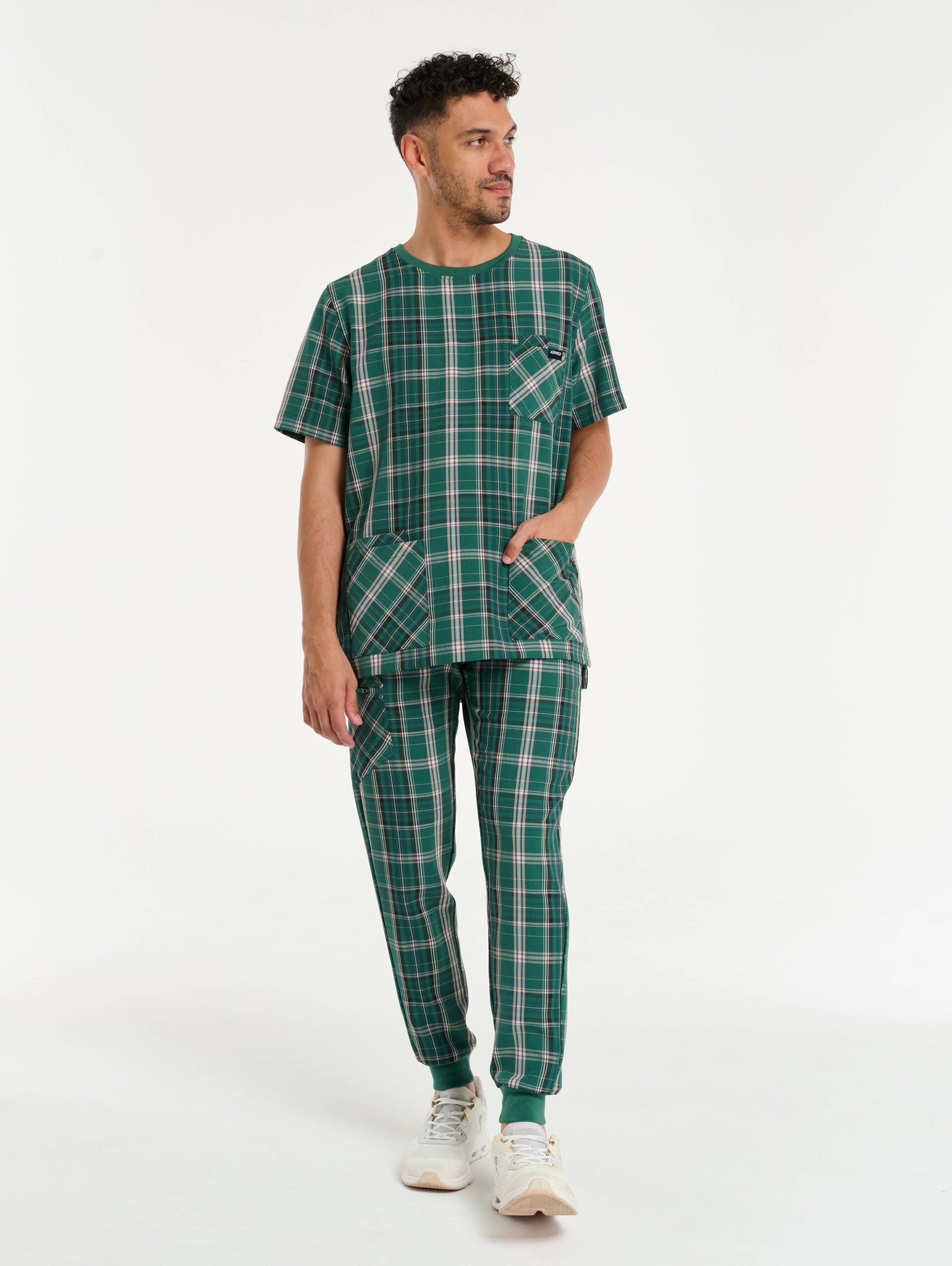 Essential Crewneck Scrub Top - Pink & Green Tartan