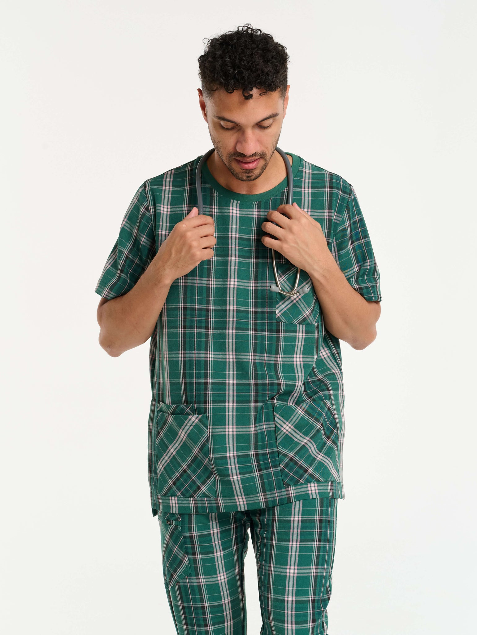 Essential Crewneck Scrub Top - Pink & Green Tartan