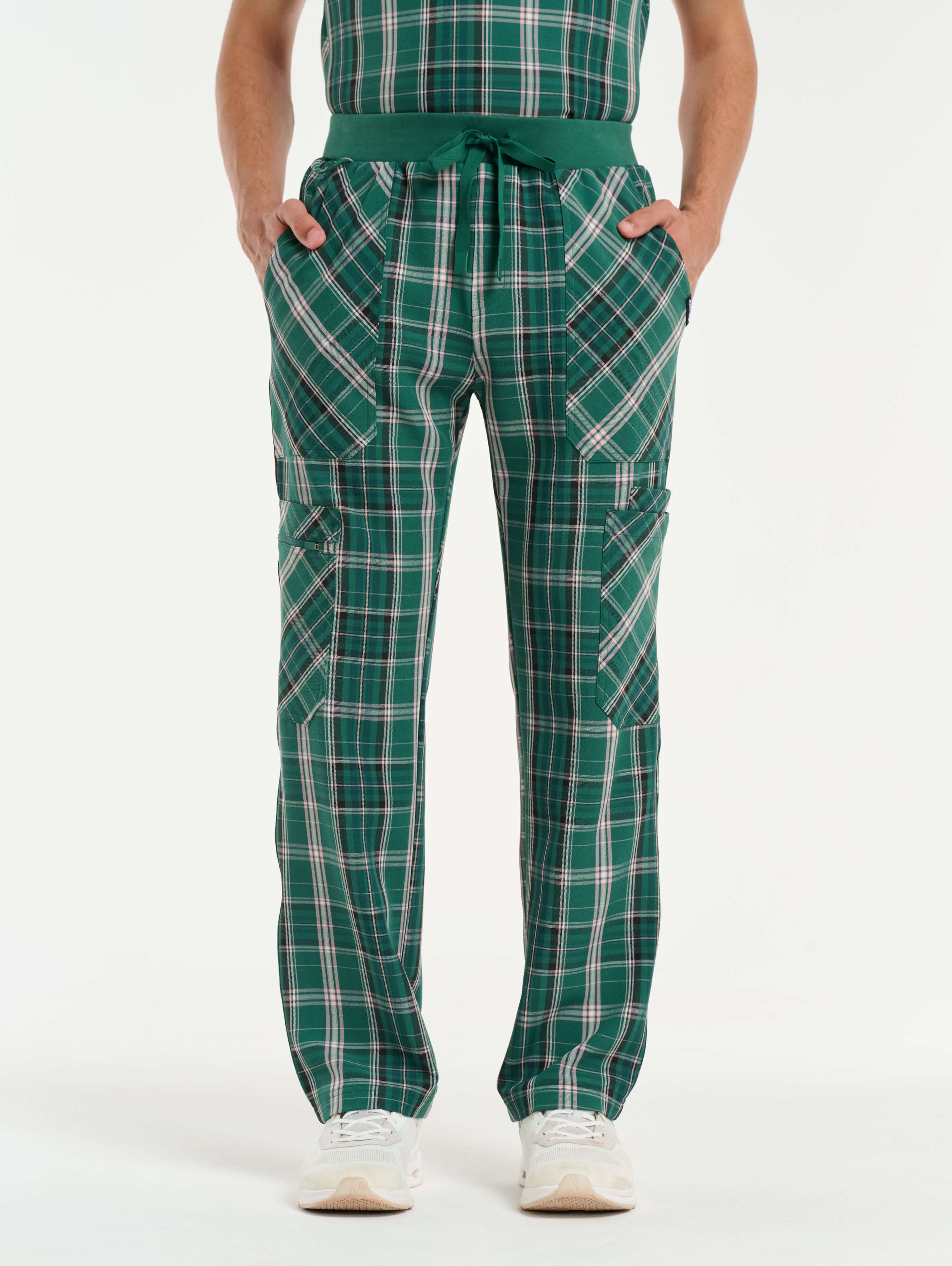 Essential Multi-Pocket Scrub Pants - Pink & Green Tartan