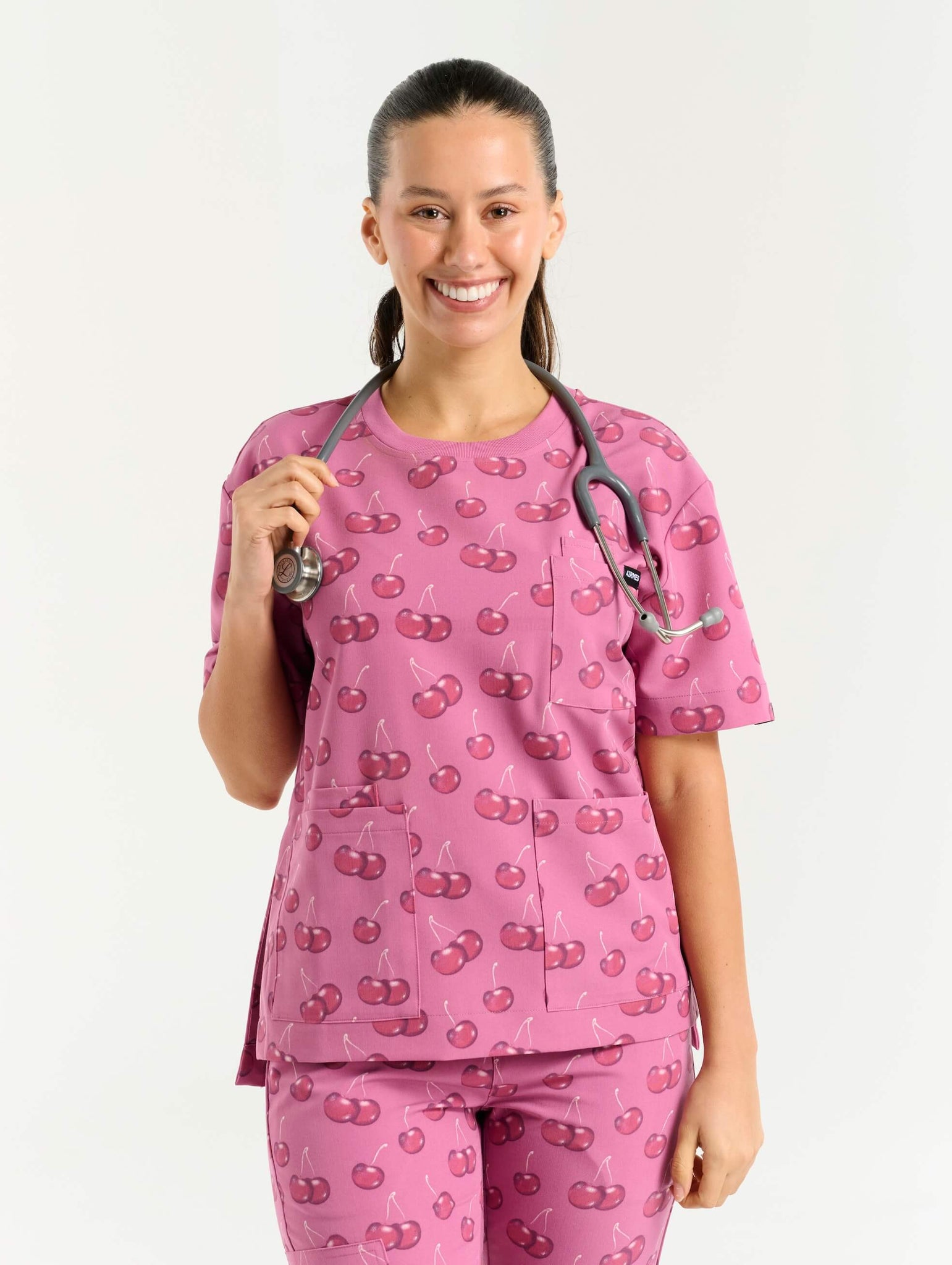 Essential Crewneck Scrub Top - Cherry Print