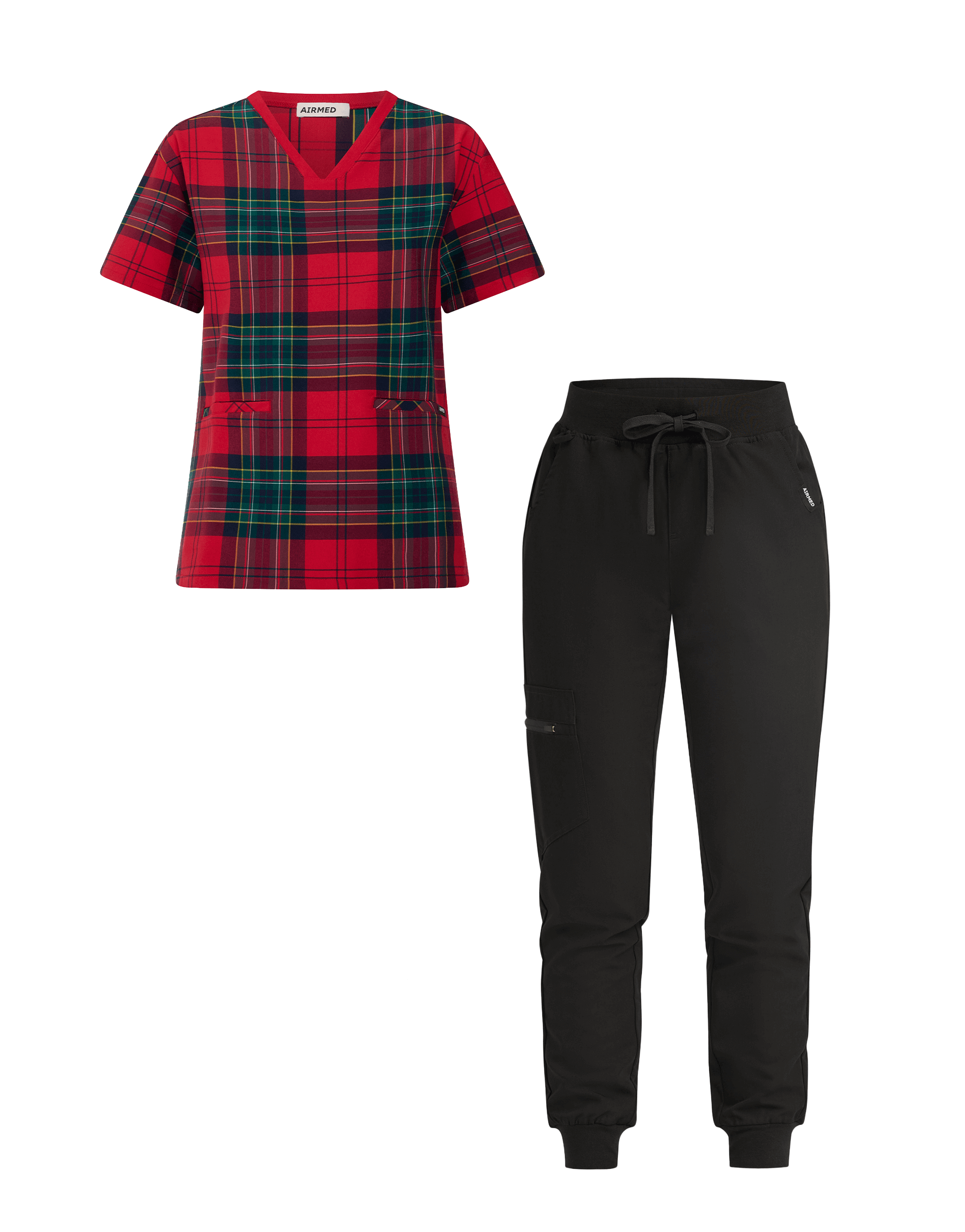 V Neck Top and Jogger Pants Set - Red Tartan and Black
