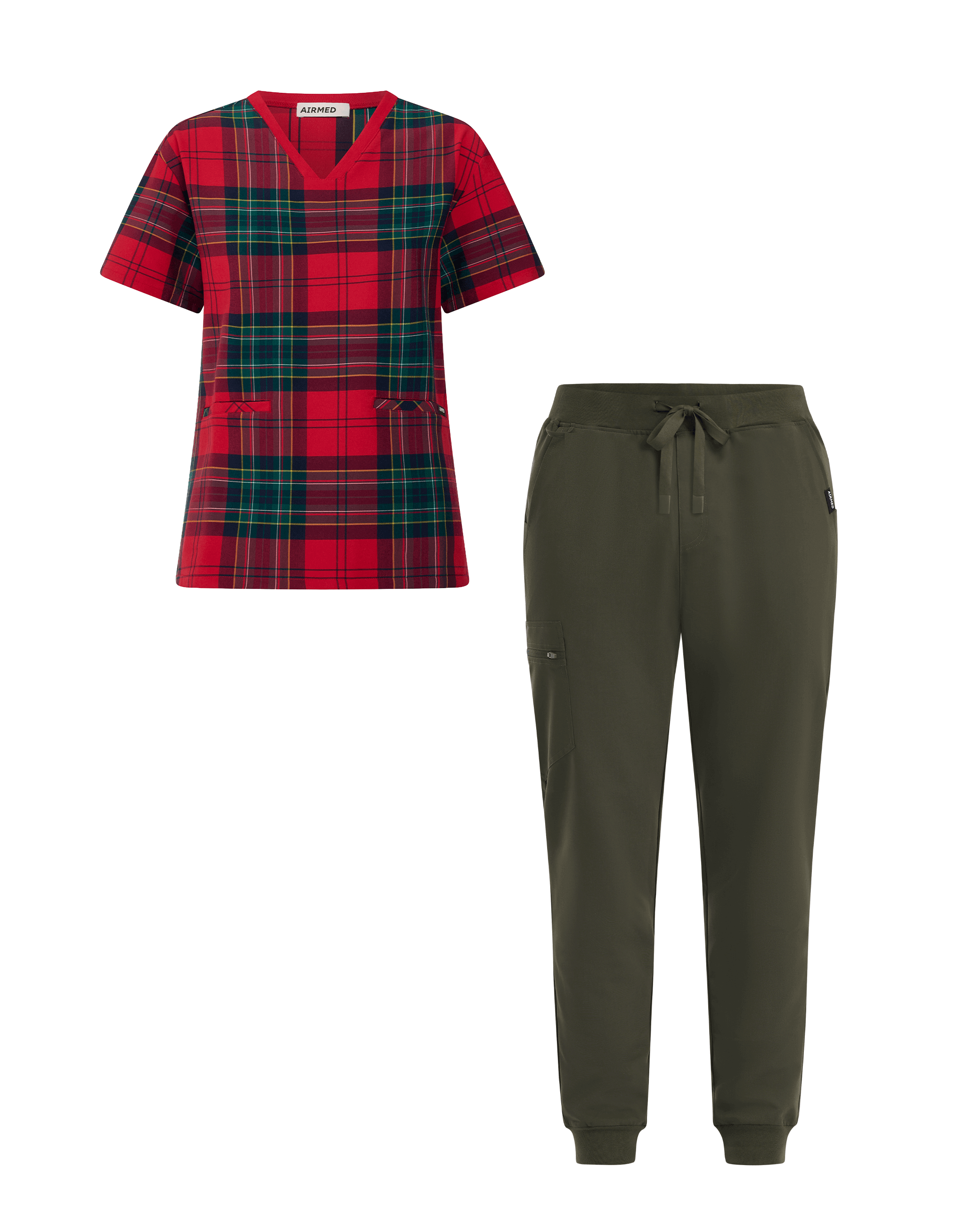 V Neck Top and Jogger Pants Set - Red Tartan and Khaki Green