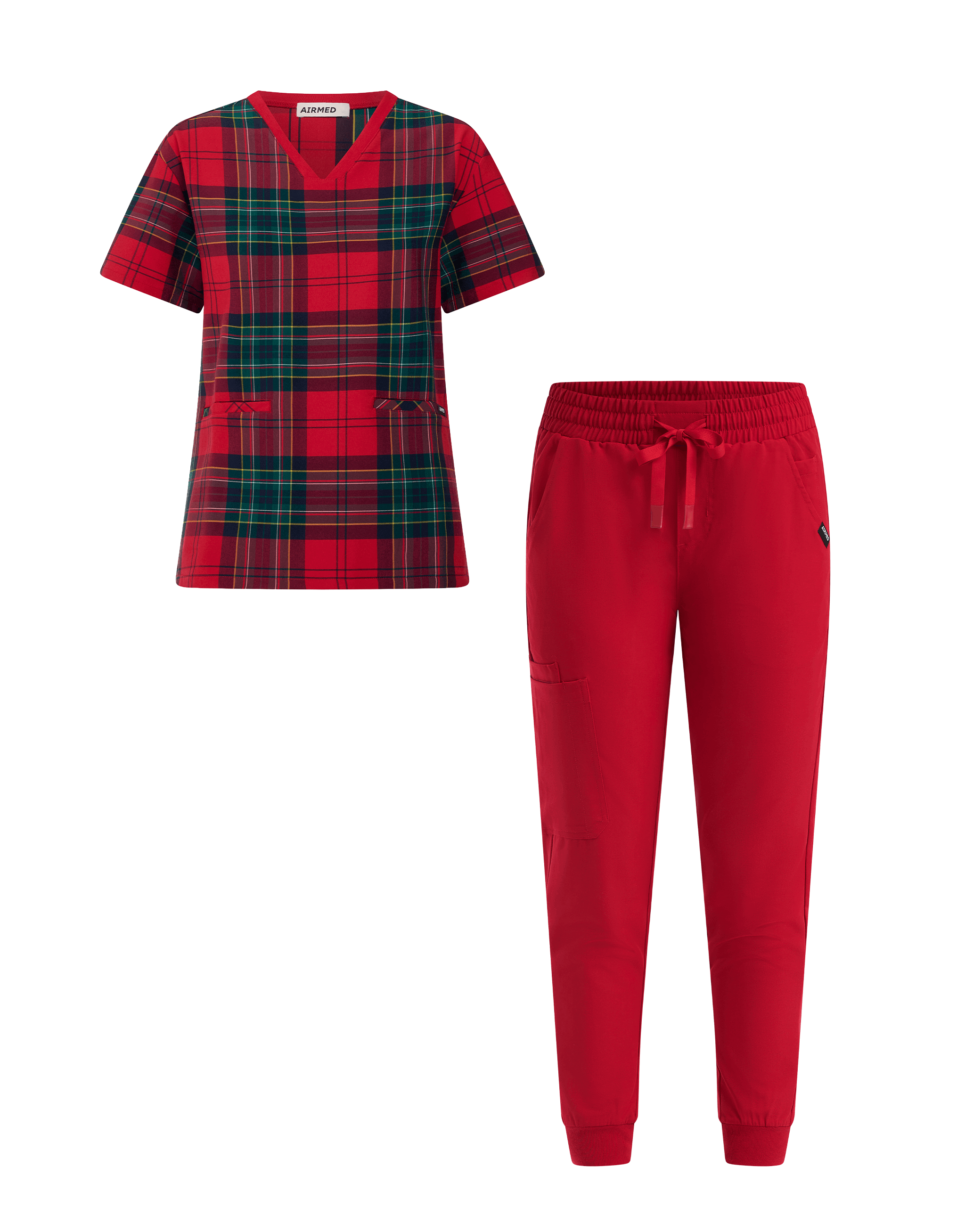 V Neck Top and Jogger Pants Set - Red Tartan and Cherry Red