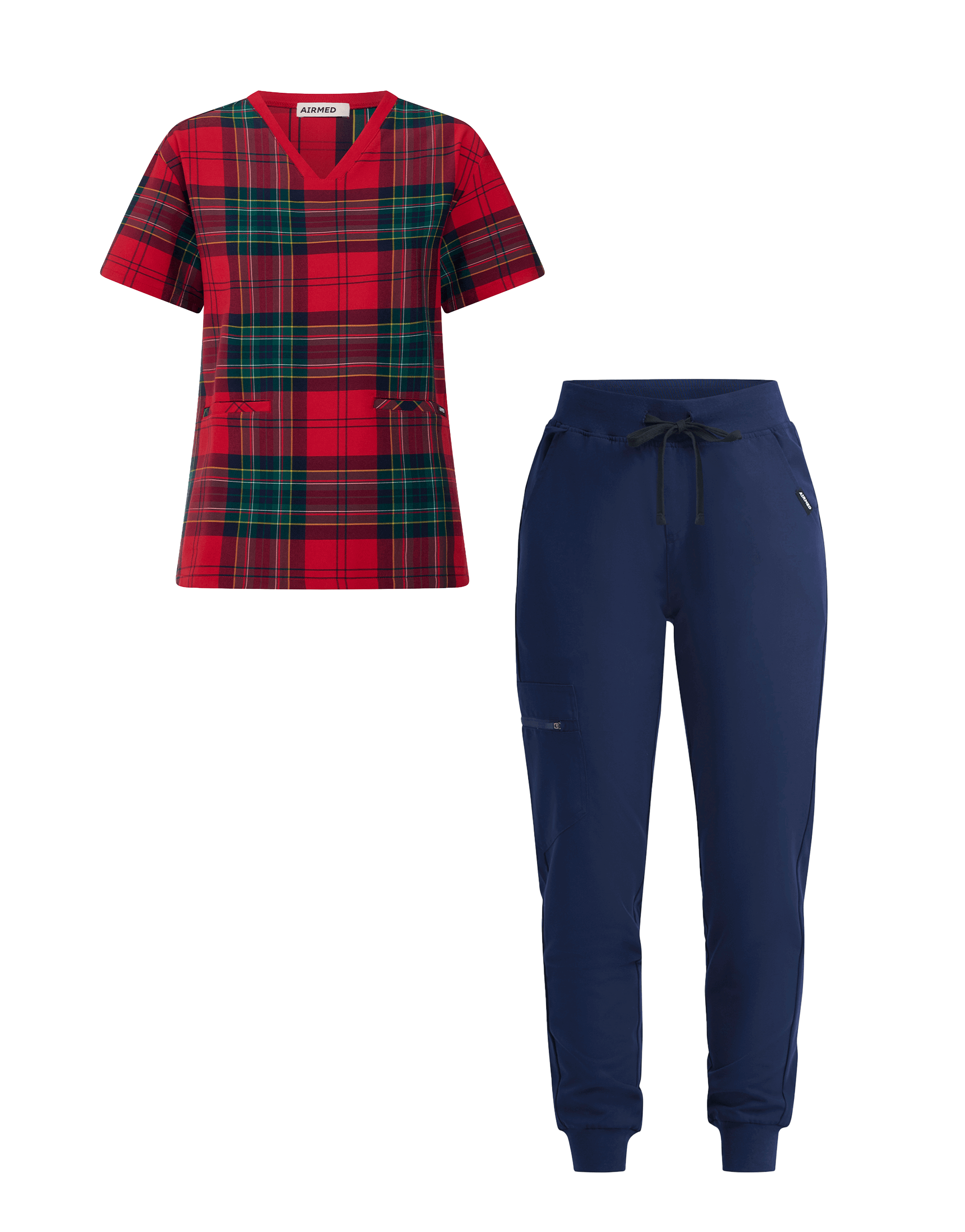 V Neck Top and Jogger Pants Set - Red Tartan and True Navy