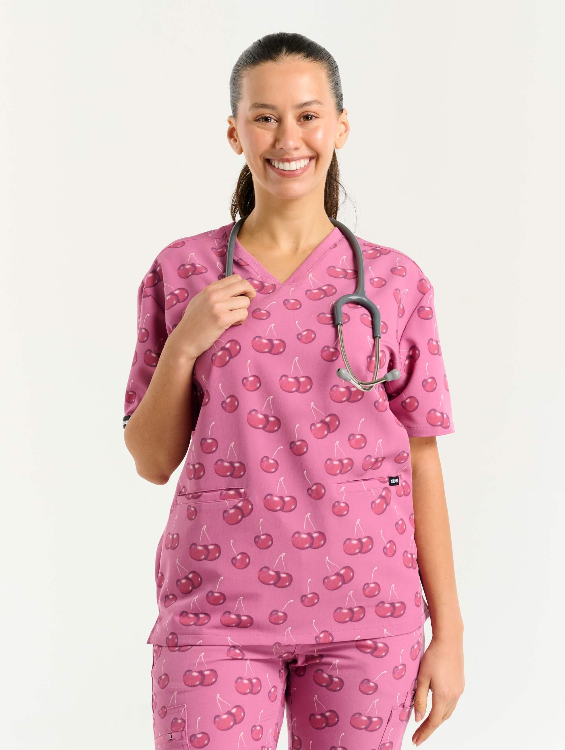Essential V Neck Scrub Top - Cherry Print