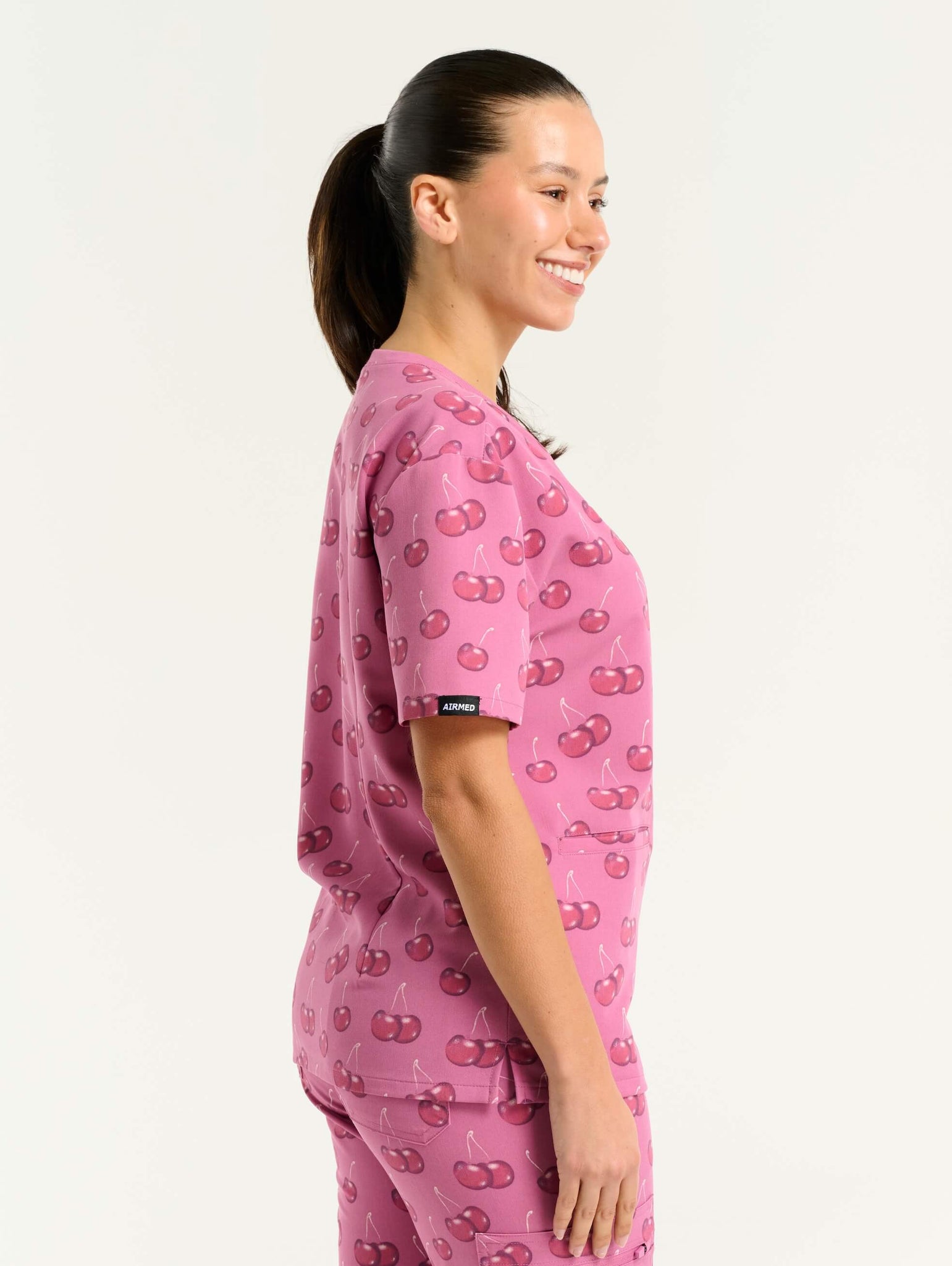Essential V Neck Scrub Top - Cherry Print
