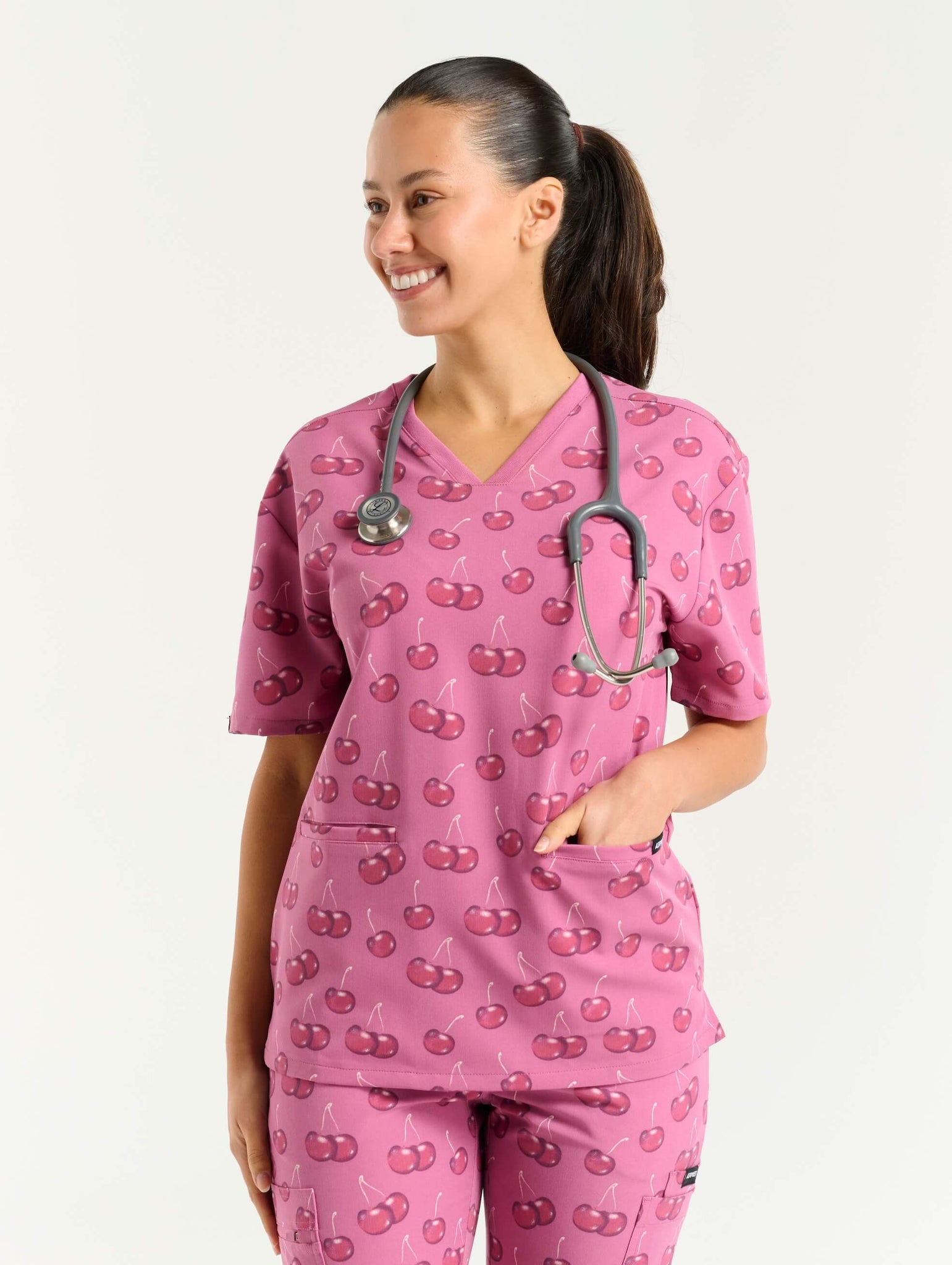Essential V Neck Scrub Top - Cherry Print