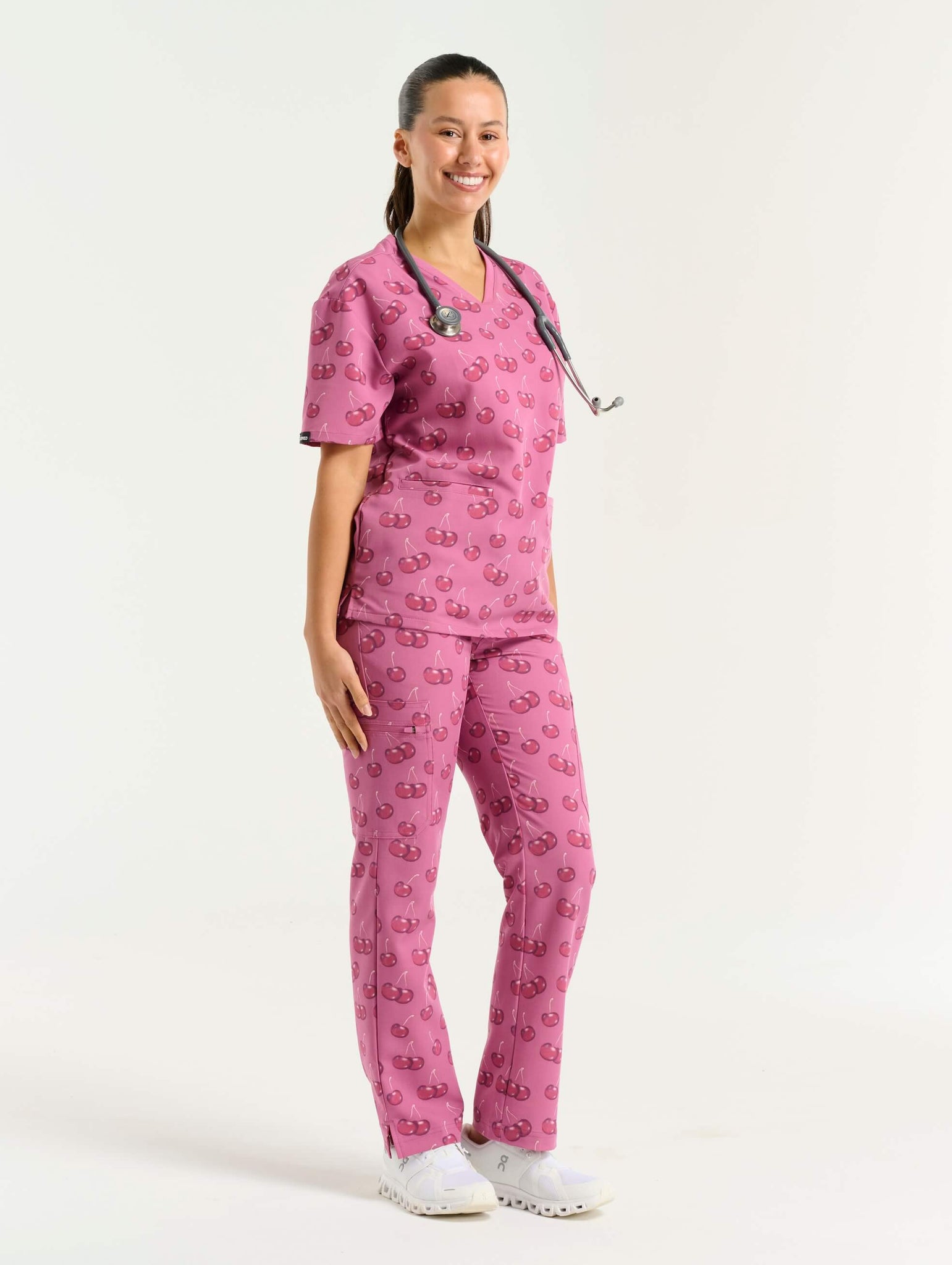 Essential V Neck Scrub Top - Cherry Print