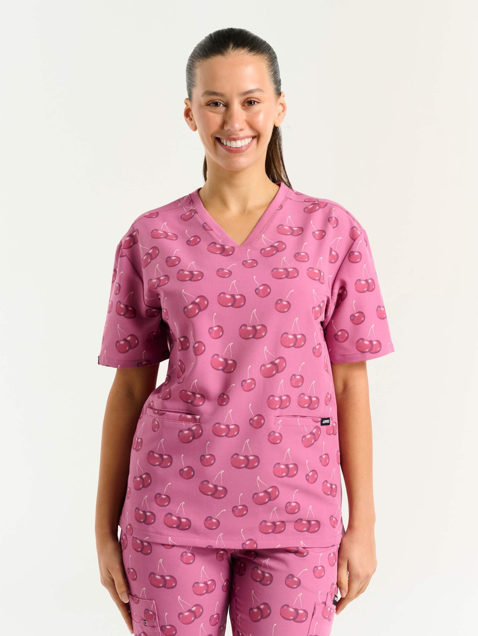 Essential V Neck Scrub Top - Cherry Print