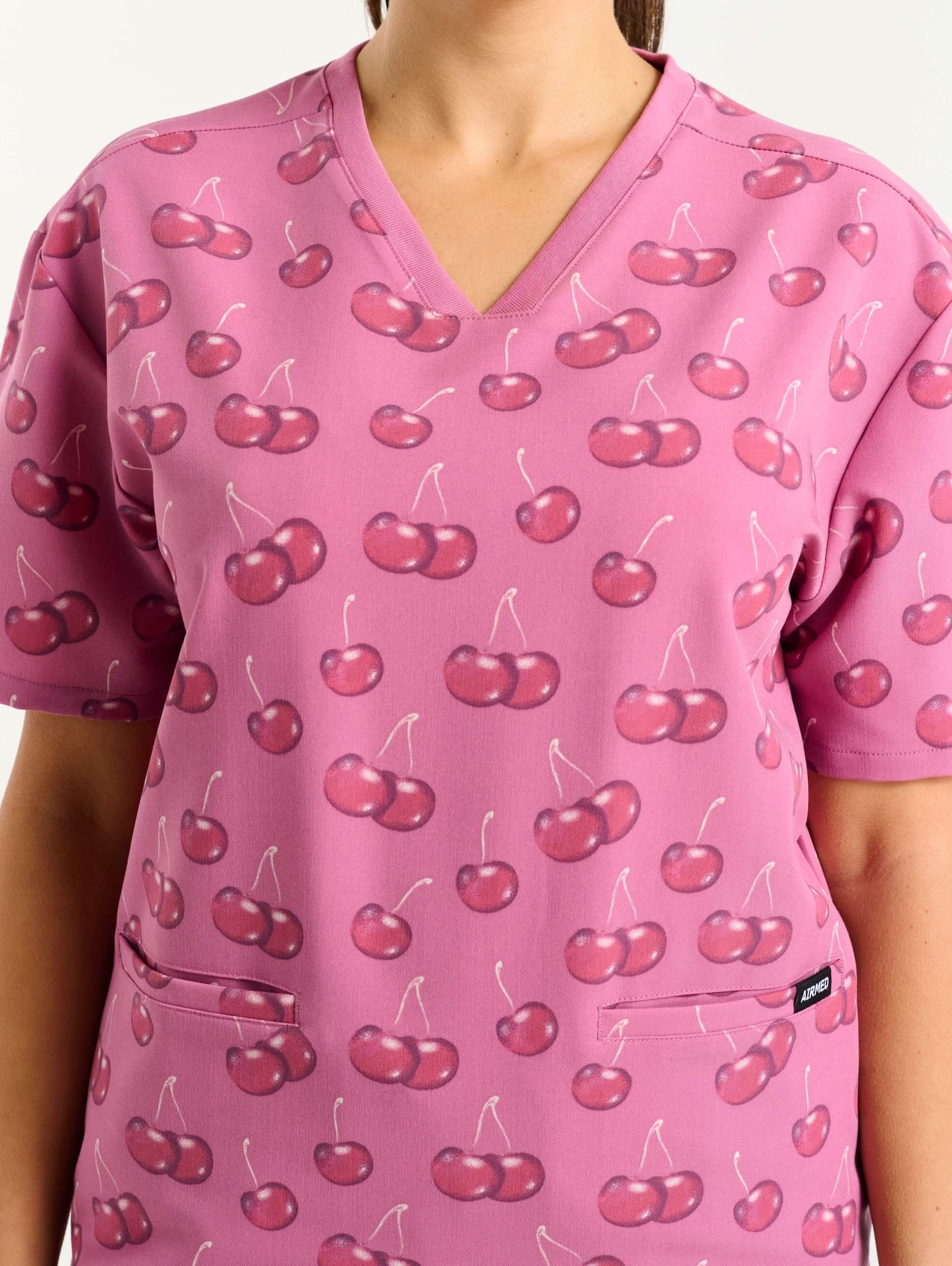 Essential V Neck Scrub Top - Cherry Print