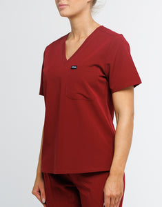 Essential One Pocket V Neck Scrub Top - Syrah Red