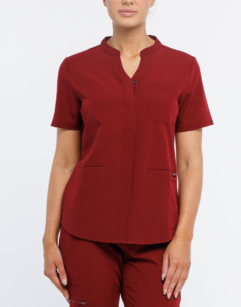 Full Button Scrub Top - Syrah Red