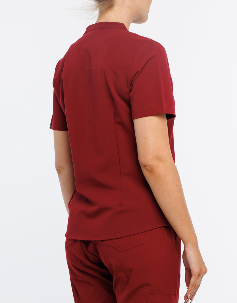 Full Button Scrub Top - Syrah Red